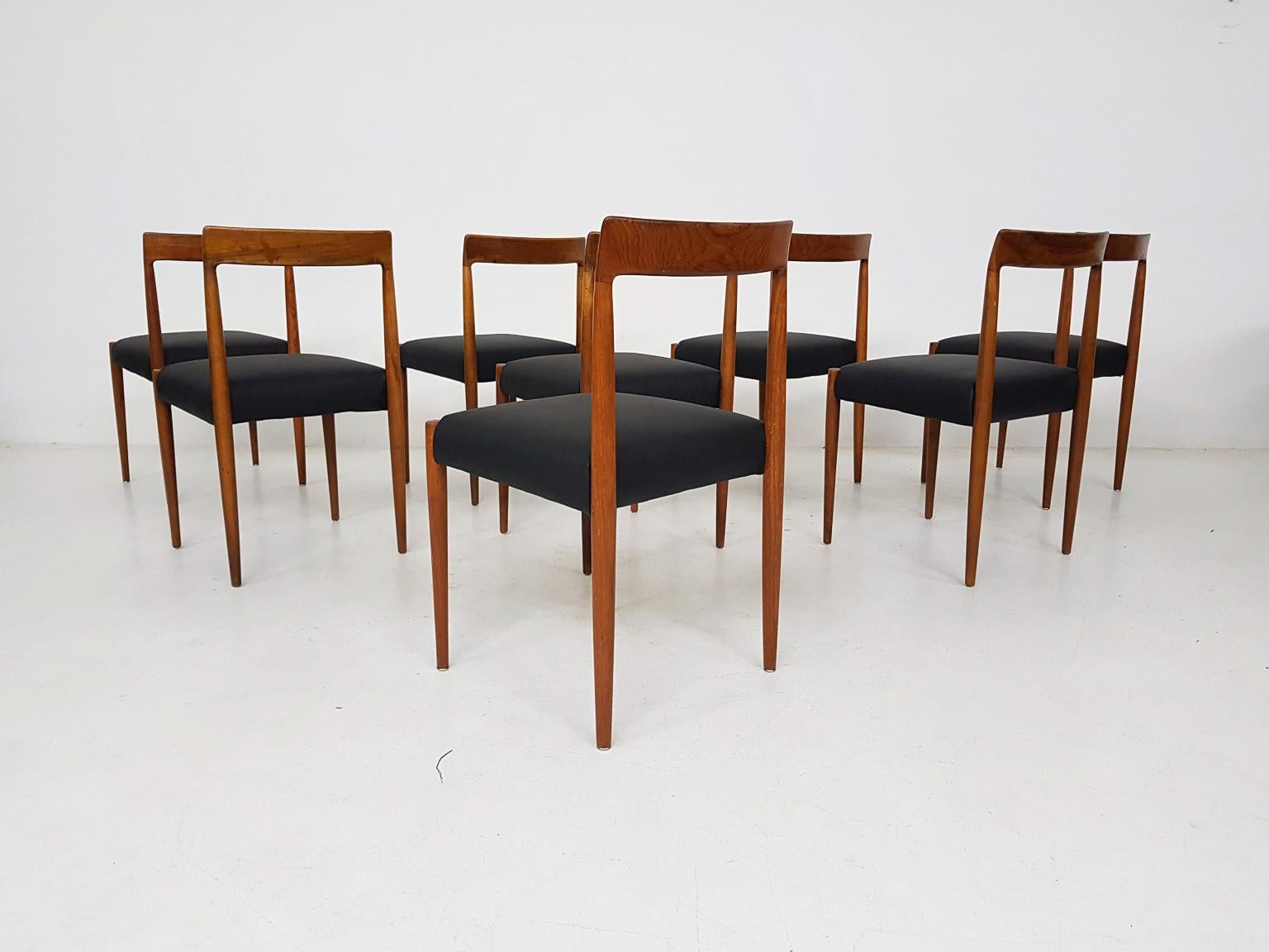 Set of 8 Teak and Leather Dining Chairs by Lukbe, Germany, 1960s In Good Condition In Amsterdam, NL