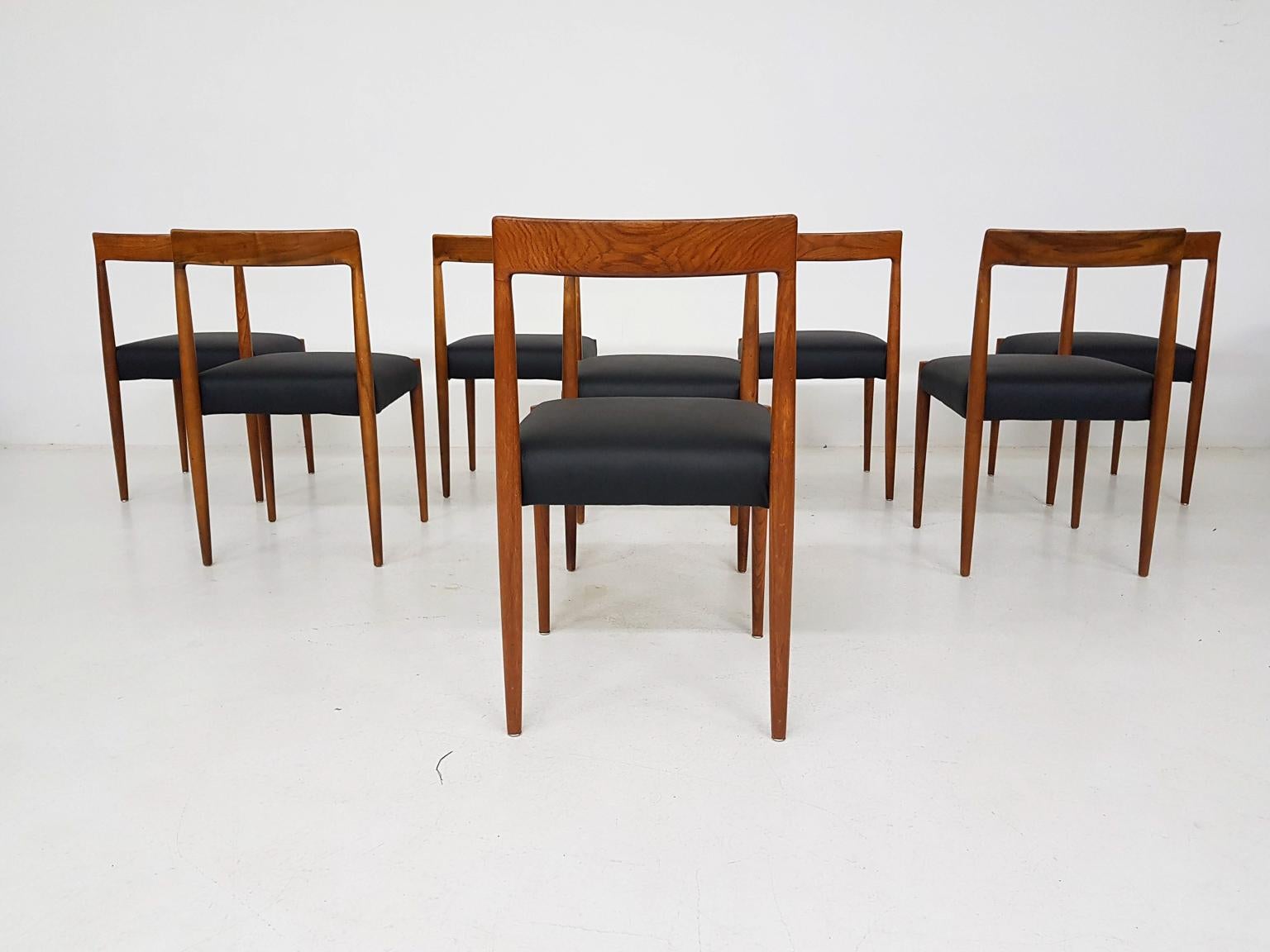 20th Century Set of 8 Teak and Leather Dining Chairs by Lukbe, Germany, 1960s