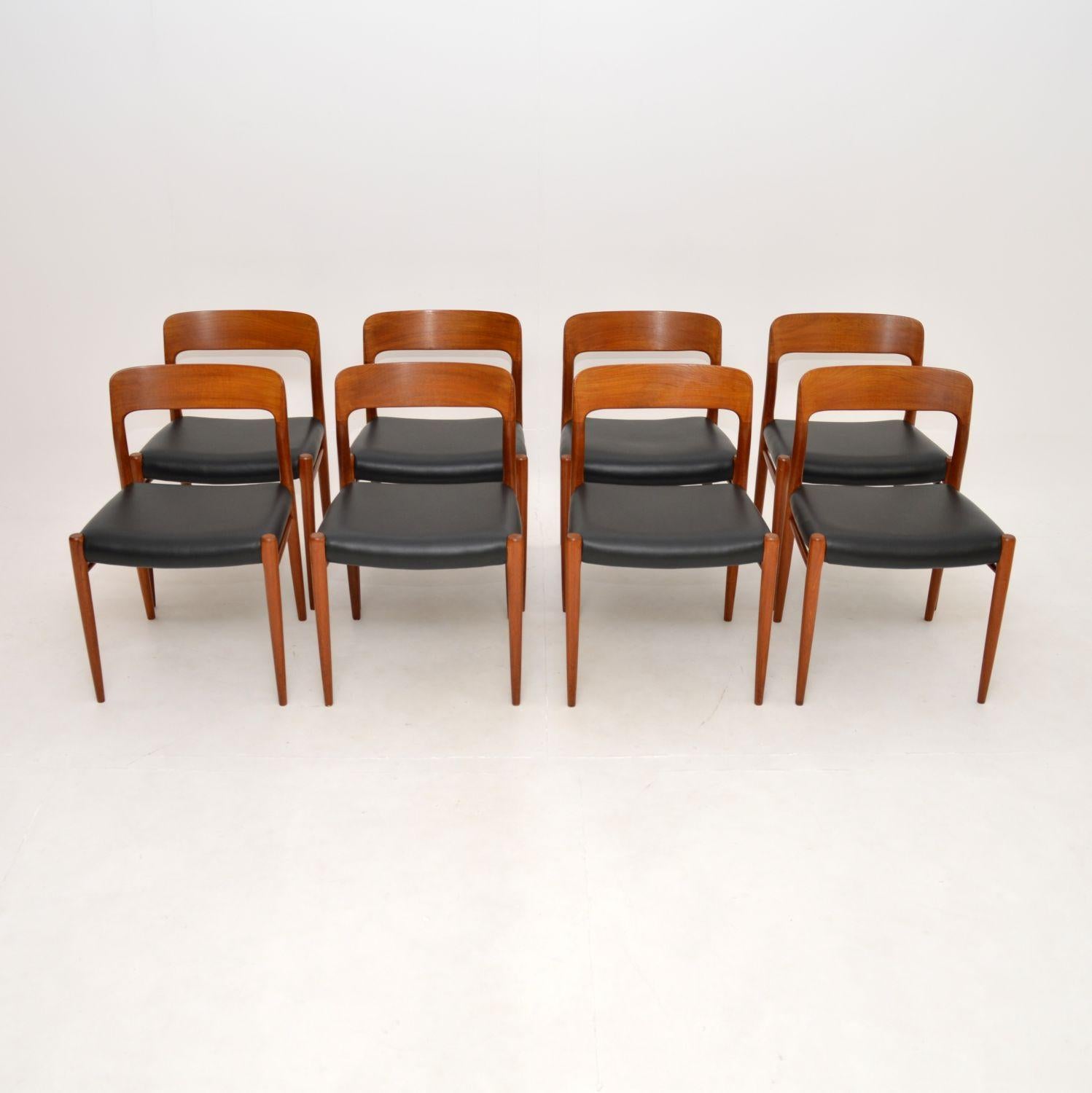 A stunning vintage set of 8 teak and leather model 75 dining chairs by Niels Moller. They were made in Denmark, they date from the 1960’s.

The quality is outstanding, they are beautifully designed and are also very comfortable. The teak frames have