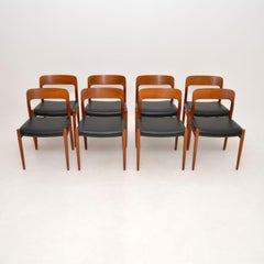 Set of 8 Teak and Leather Model 75 Dining Chairs by Niels Moller