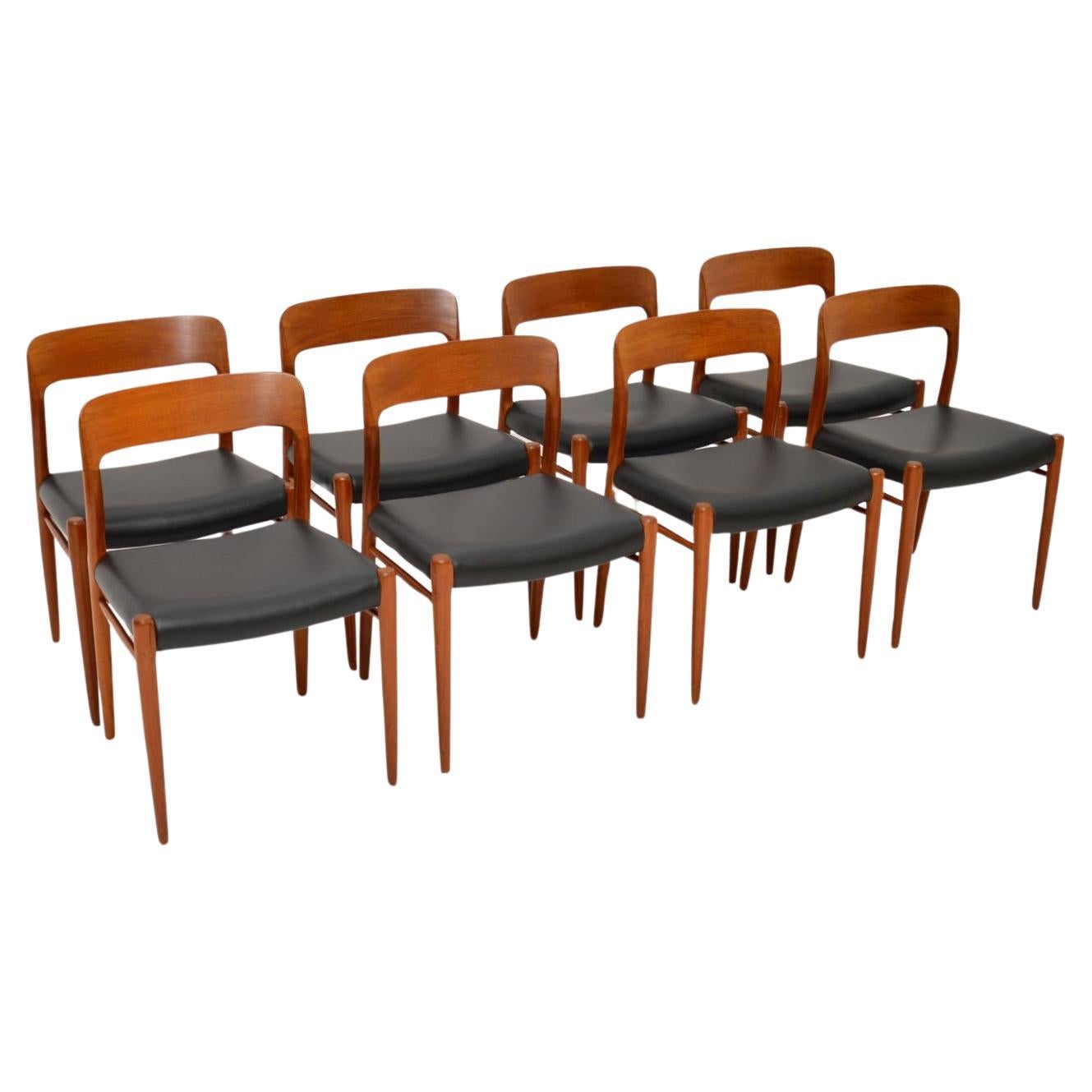 Set of 8 Teak and Leather Model 75 Dining Chairs by Niels Moller