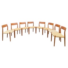 Set of 8 Teak and Papercord Dining Chairs Model 75 by N.O.Moller for JL Mollers