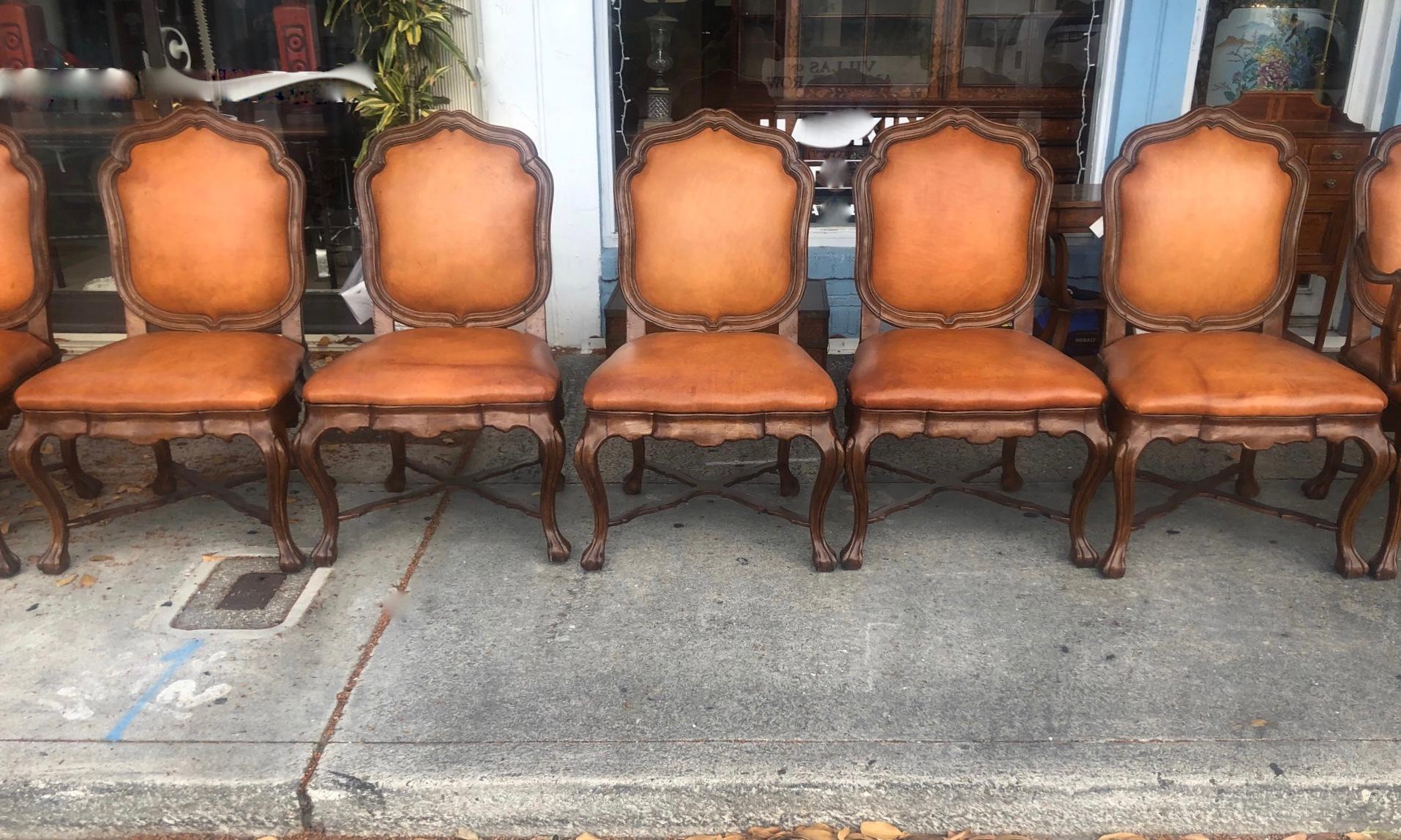 Set of 8 Therien Studio Workshop Dining Chairs Leather and Wood In Good Condition In West Palm Beach, FL