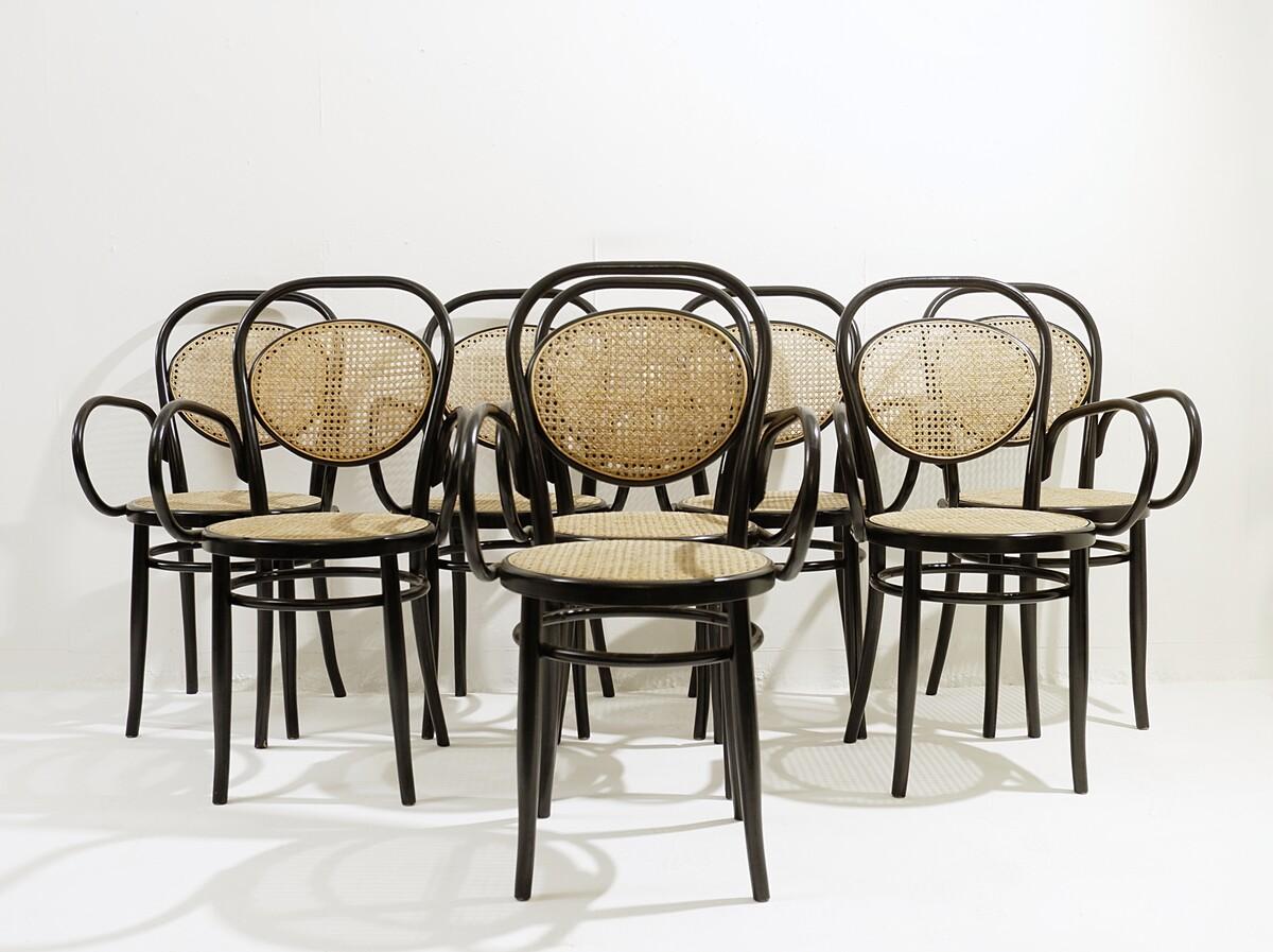 Set of 8 Thonet Armchairs Model Nr. 15, Black Wood and Cane, 1900s For Sale 6