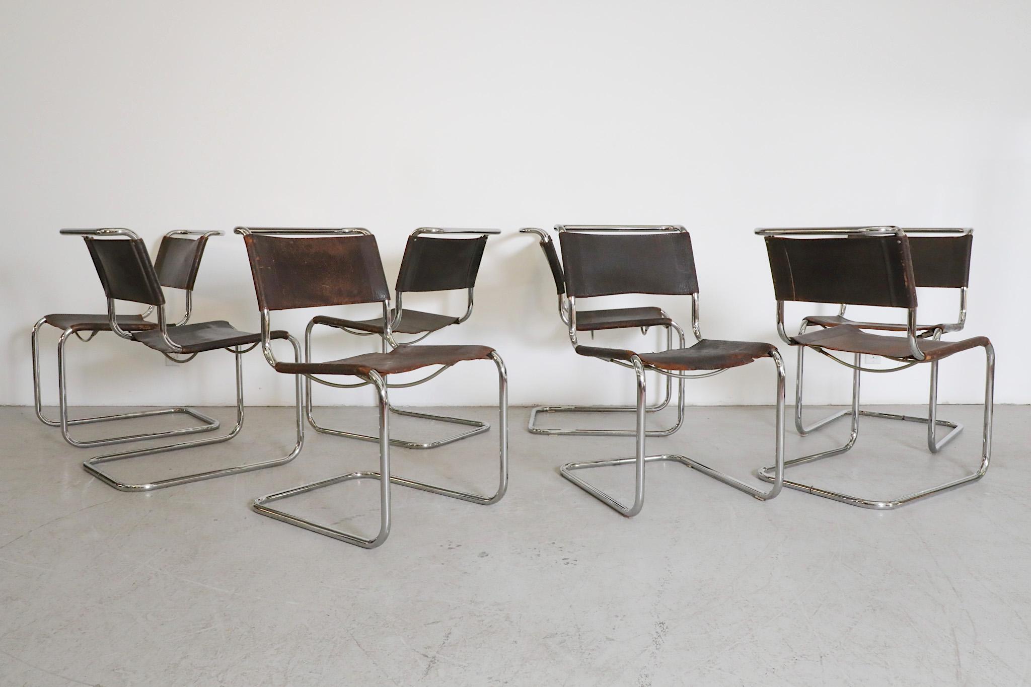 Set of 8 Thonet S33 Leather and Chrome Chairs by Mart Stam For Sale 14
