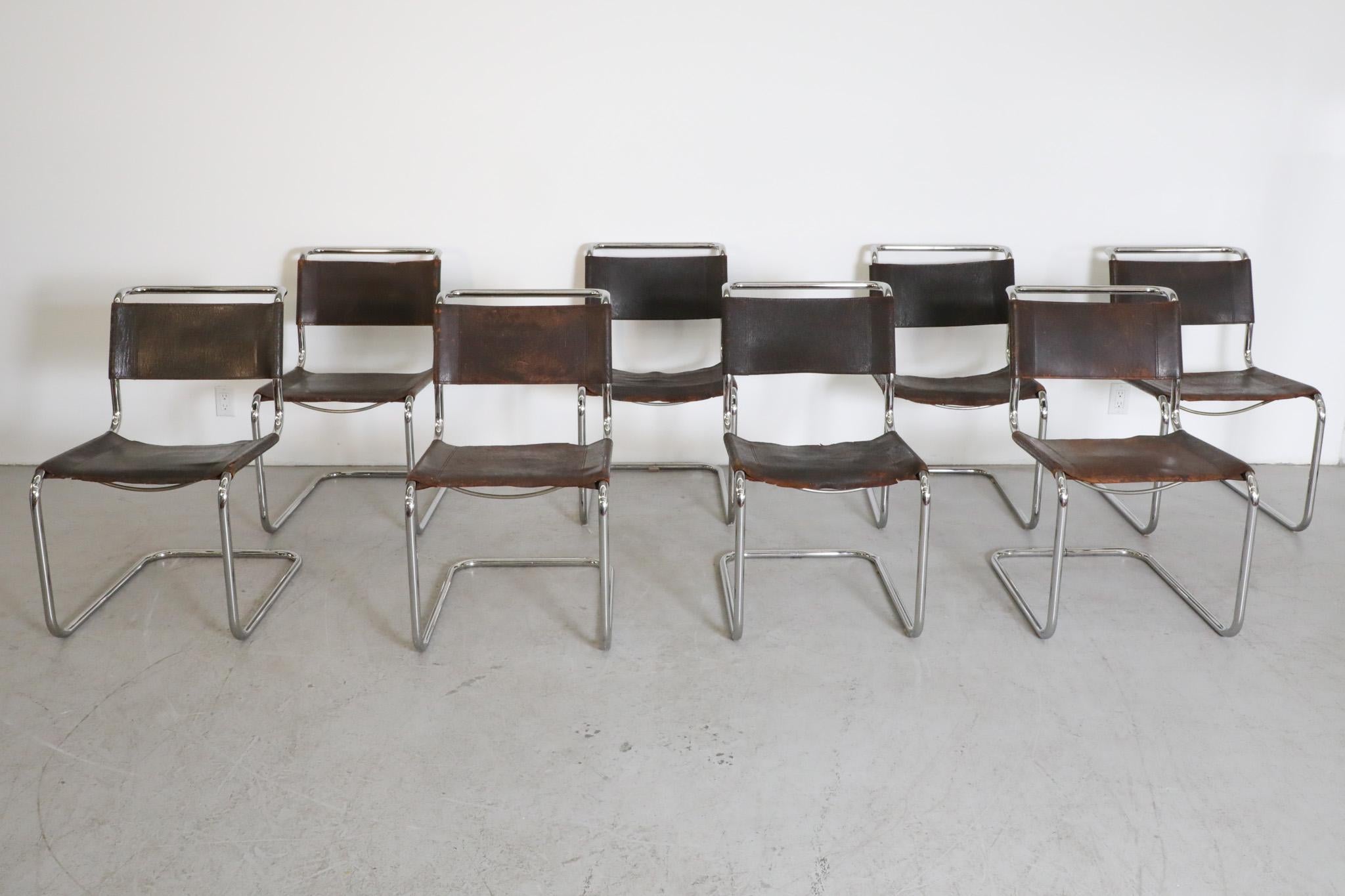 Set of 8 Thonet S33 Leather and Chrome Chairs by Mart Stam In Good Condition For Sale In Los Angeles, CA