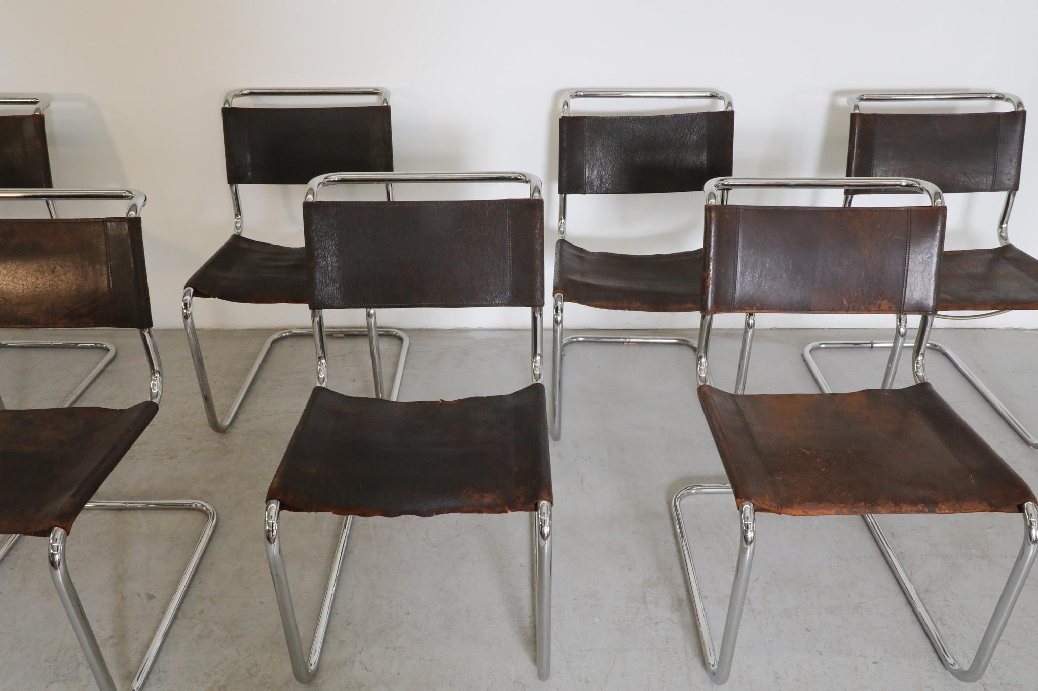 Set of 8 Thonet S33 Leather and Chrome Chairs by Mart Stam For Sale 1