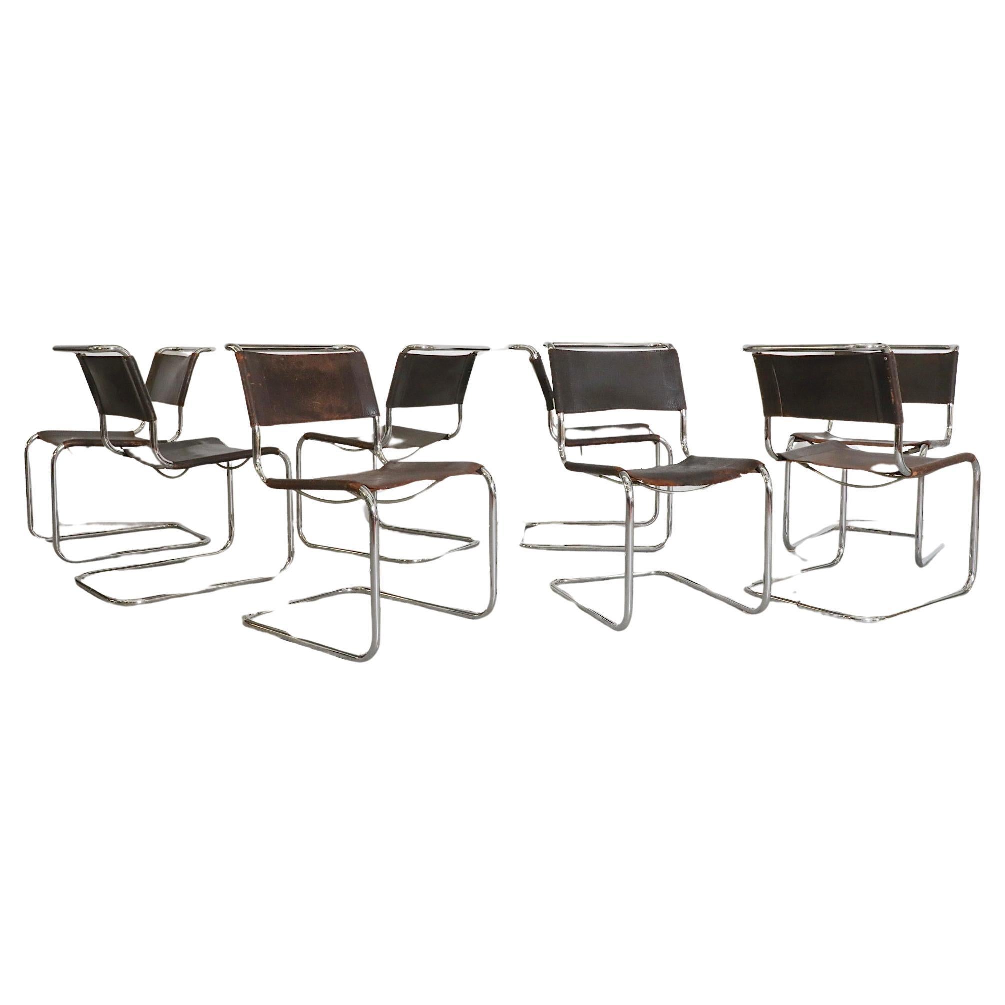 Set of 8 Thonet S33 Leather and Chrome Chairs by Mart Stam For Sale