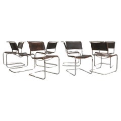 Set of 8 Thonet S33 Leather and Chrome Chairs by Mart Stam