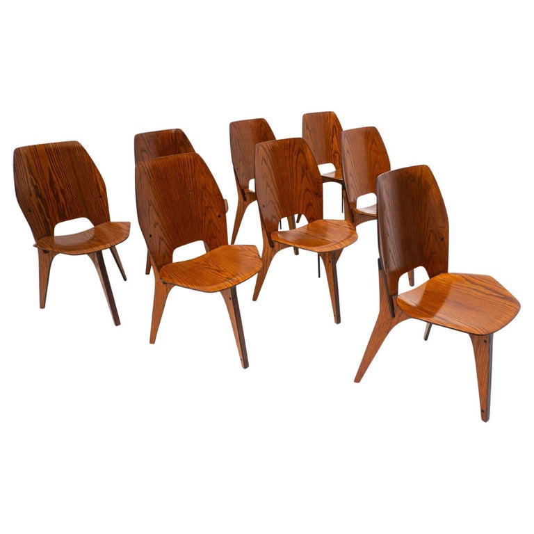 Set of 8 ThreeLegged Plywood Chairs by Eugenio Gerli for Tecno Milano