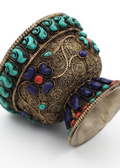 Set Of 8 Tibetan Stone-mounted Silvered Metal Filigree Bowls