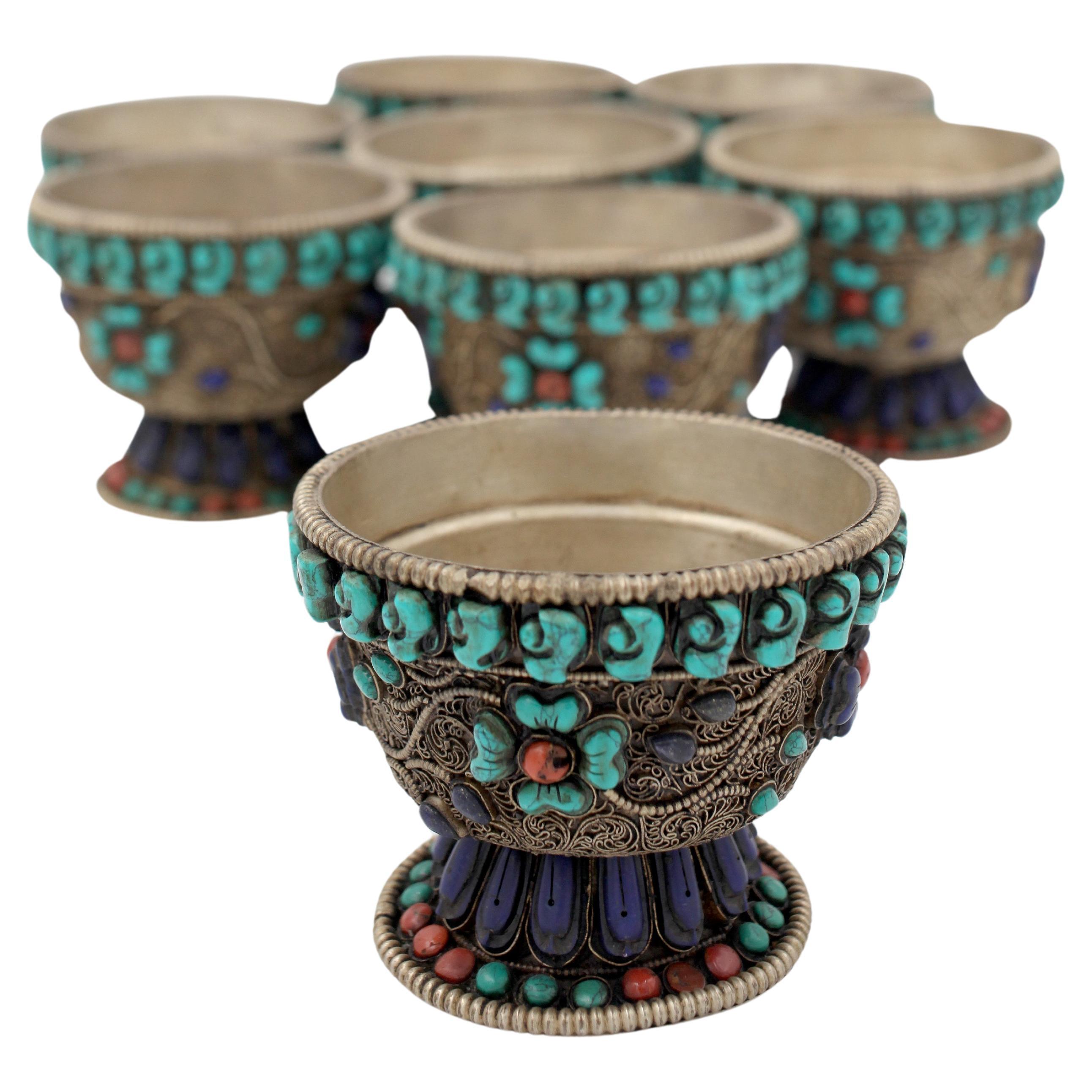 Set Of 8 Tibetan Stone-mounted Silvered Metal Filigree Bowls For Sale