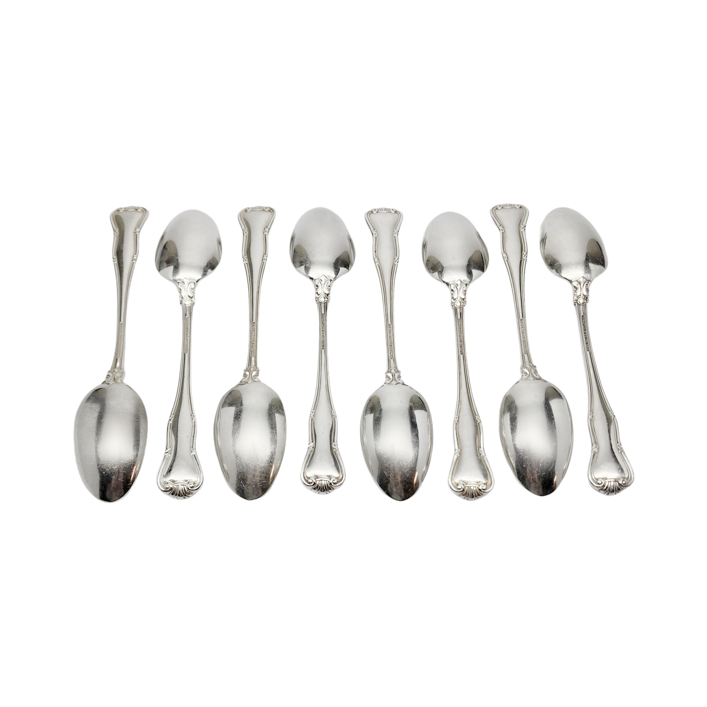 Set of 8 sterling silver teaspoons by Tiffany & Co in the Provence pattern with monogram.

Monogram appears to be U

Introduced in 1961, the Provence pattern features a crested arch, inspired by 18th Century French motifs. Hallmarks date this piece