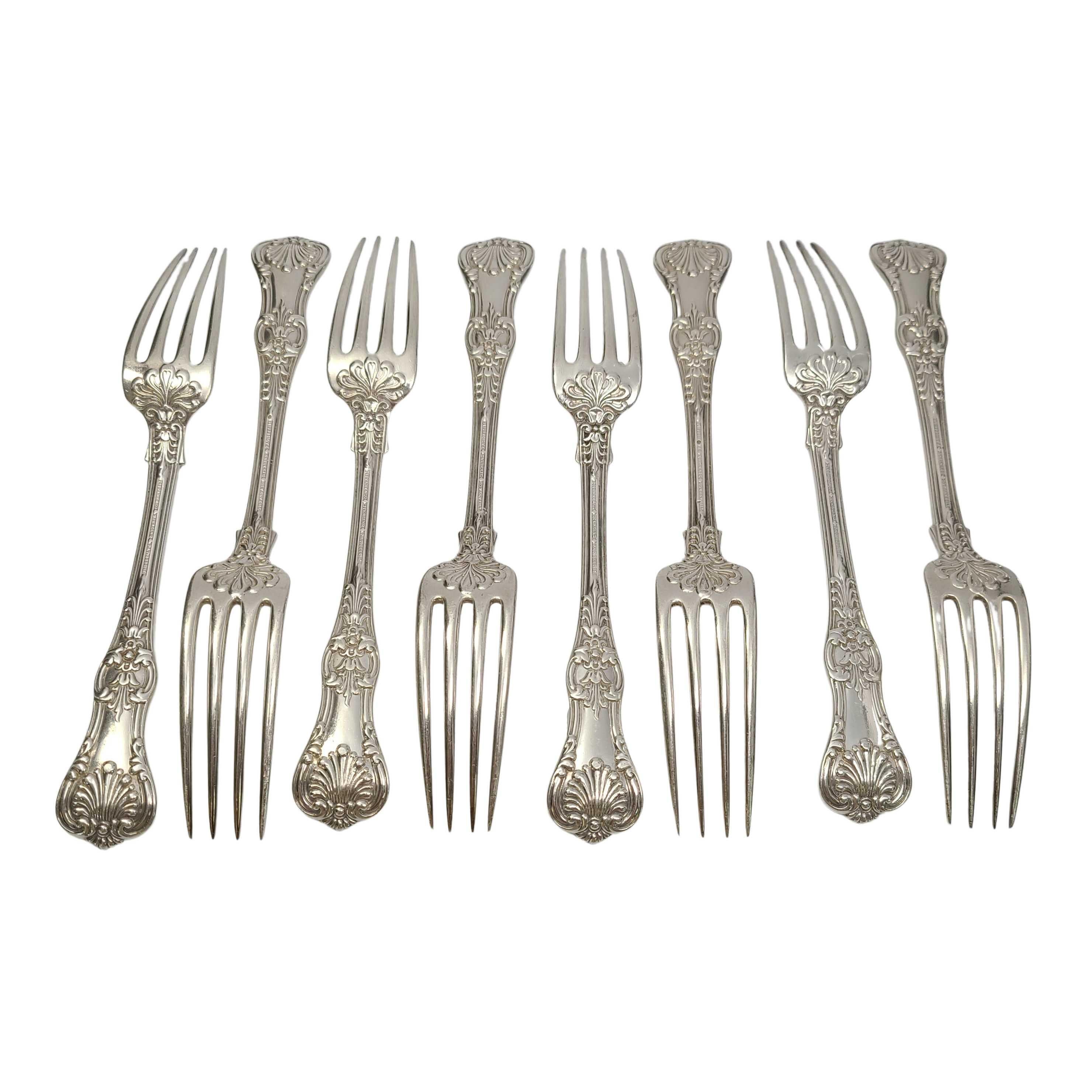 Set of 8 antique sterling silver forks by Tiffany & Co in the English King pattern.

Monogram appears to be DH (see photos).

Beautiful dinner forks in Tiffany's intricate and decorative version of a King pattern which were very popular in the