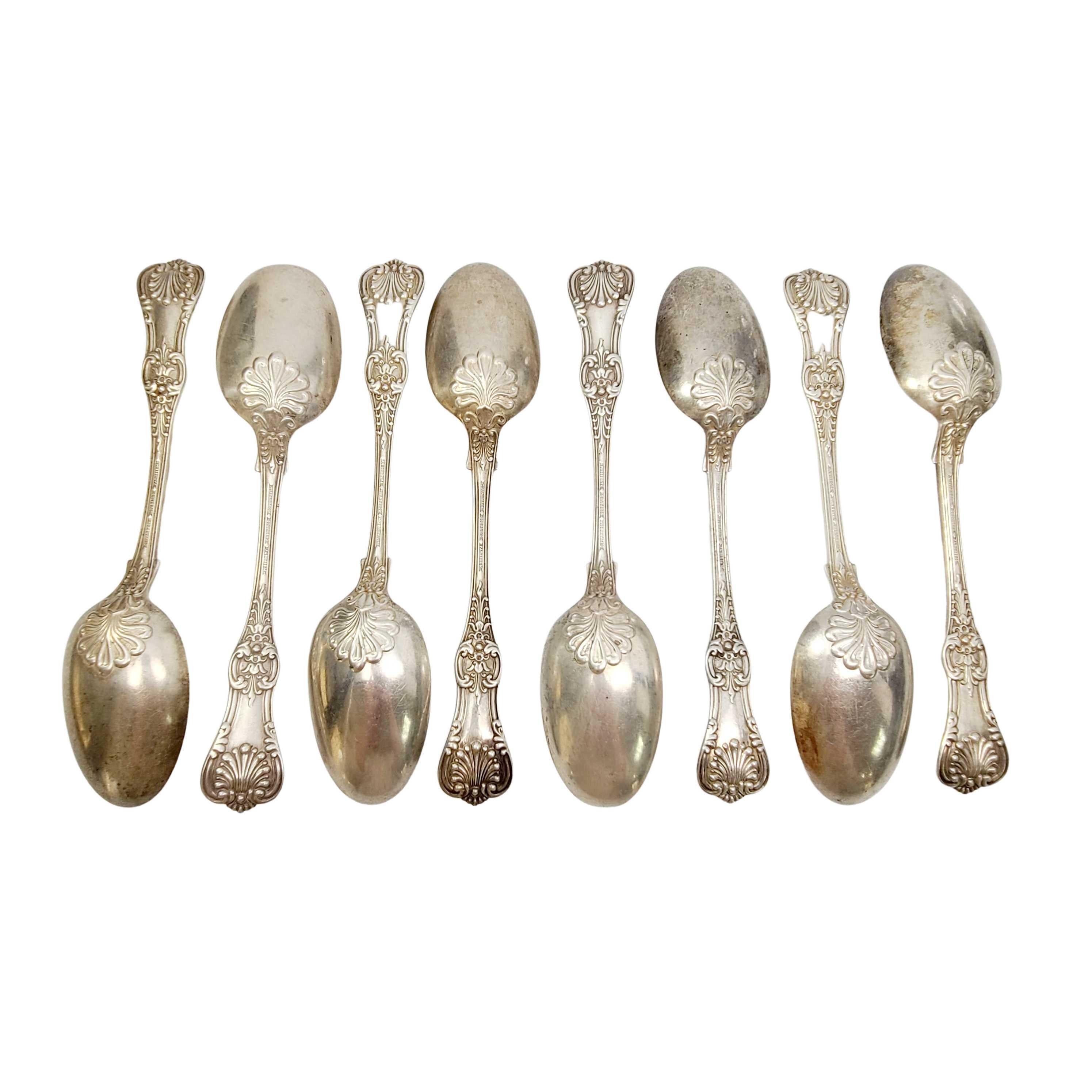 Set of 8 antique sterling silver serving tablespoons by Tiffany & Co in the English King pattern.

No monogram.

Beautiful large spoons in Tiffany's intricate and decorative version of a King pattern which were very popular in the late 19th