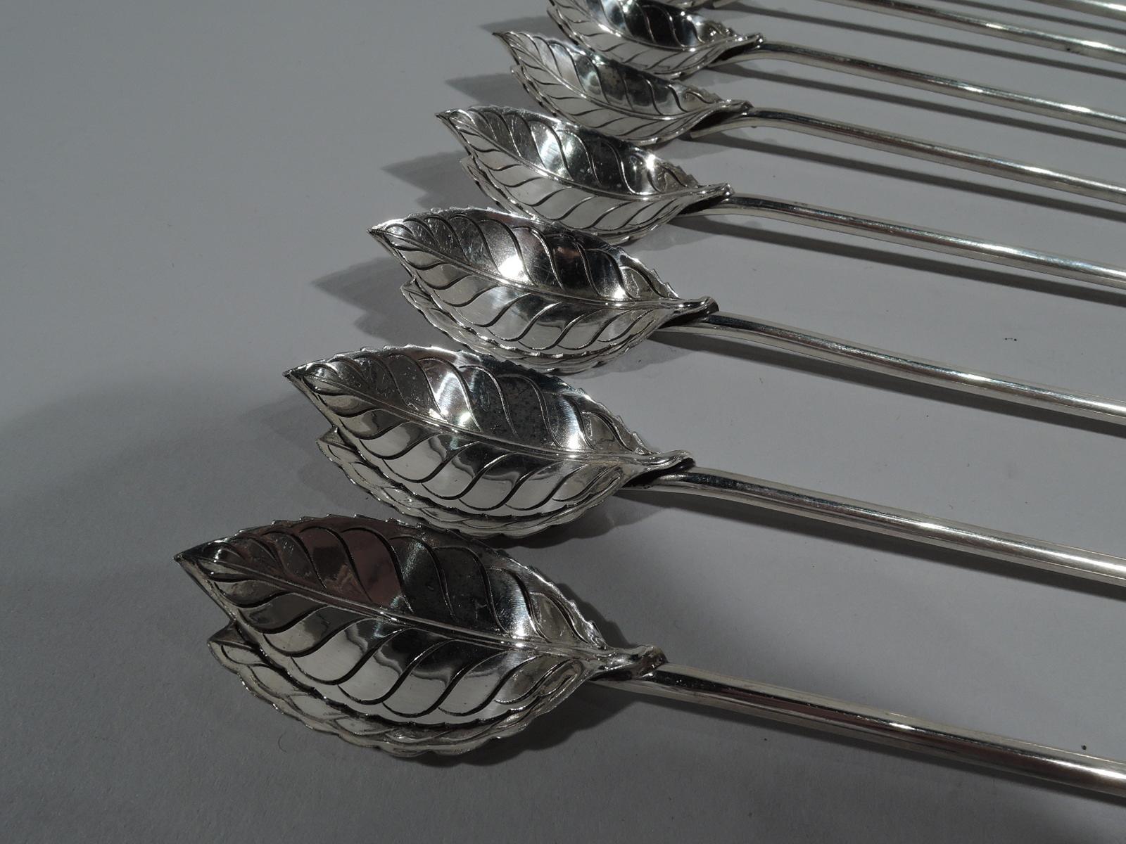Set of 8 Modern sterling silver drink stirrers. Retailed by Tiffany & Co. in New York. Each: Thin cylindrical shaft and foliate form bowl with serrated edge and engraved rims. Marked “Tiffany & Co. Sterling”. Total weight: 3.2 troy ounces.