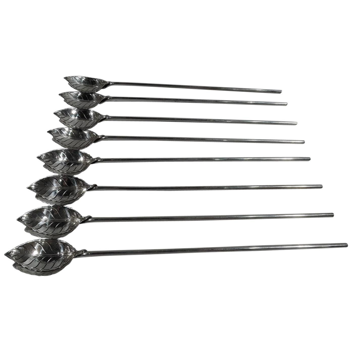 Set of 8 Tiffany Modern Sterling Silver Leaf Drink Stirrers