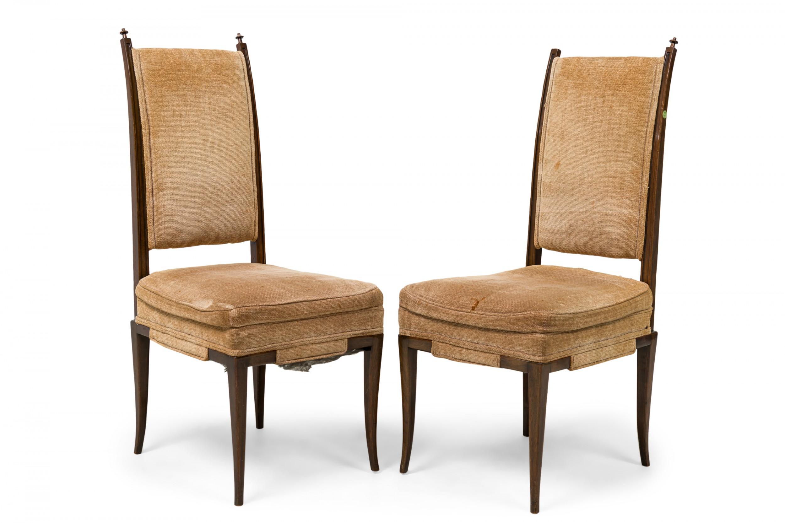 SET of 8 midcentury American lacquered mahogany dining chairs (2 armchairs, 6 side chairs) with high sloping backs and spindle finials, double padded seats and armrests upholstered in beige chenille tweed, center grips along the front and sides,