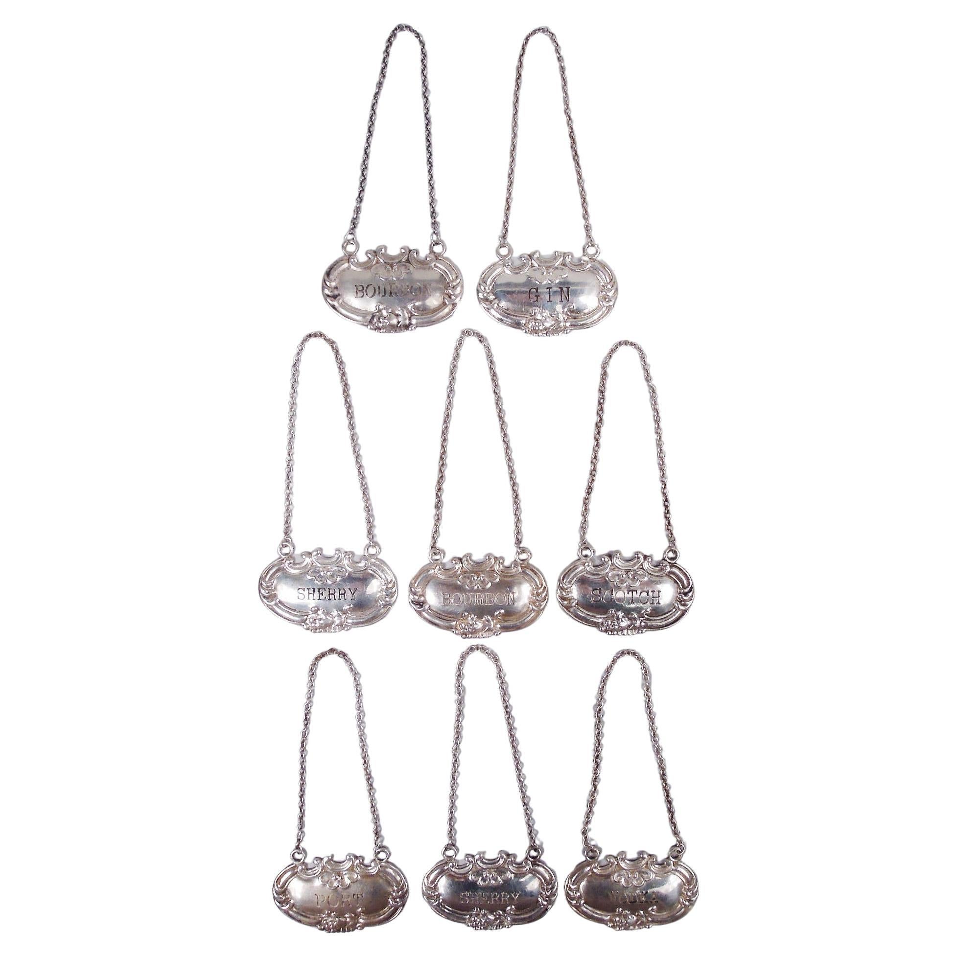 Set of 8 Traditional Sterling Silver Liquor Tags for All Major Tipples