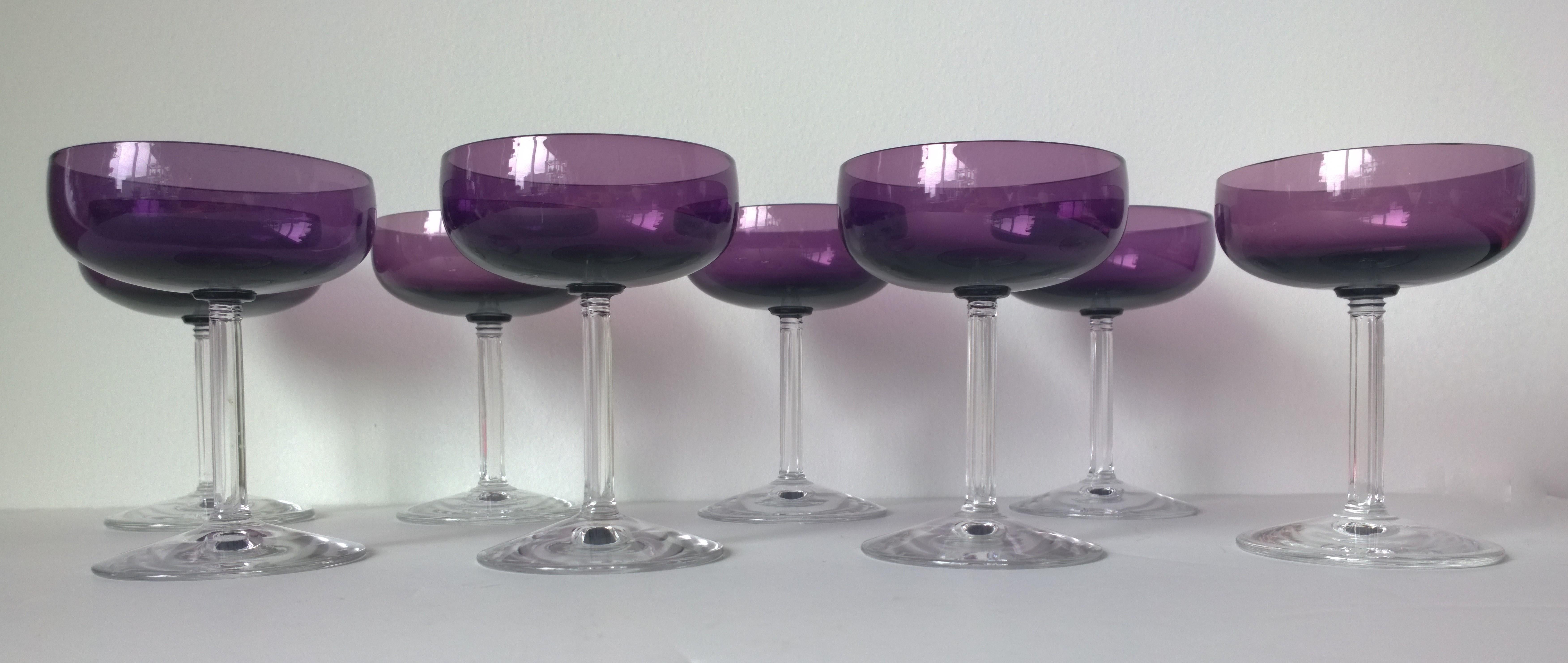 Mid-Century Modern S/8 Translucent Purple & Clear Fluted Stem Fostoria Crystal Champagne Coupes For Sale