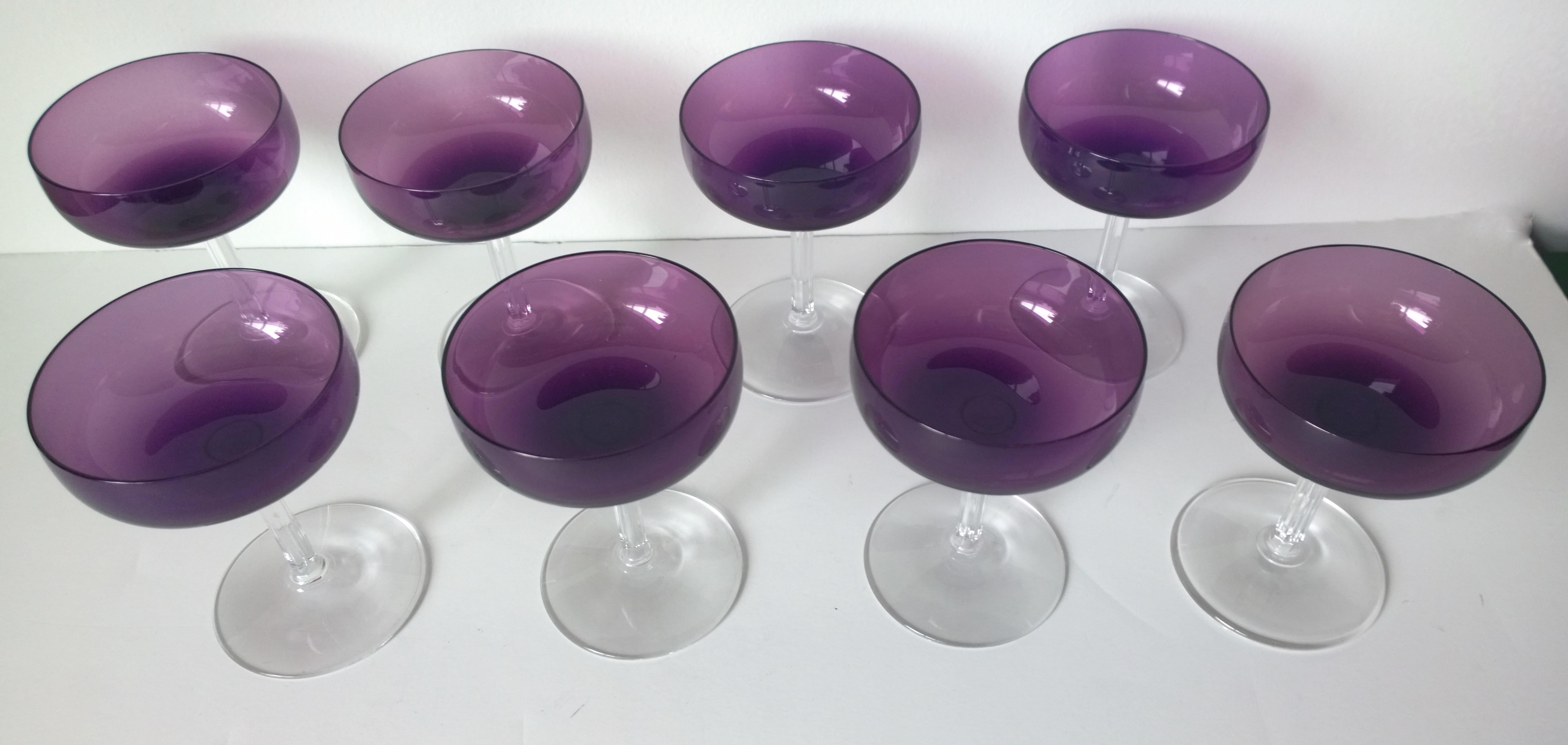 American S/8 Translucent Purple & Clear Fluted Stem Fostoria Crystal Champagne Coupes For Sale