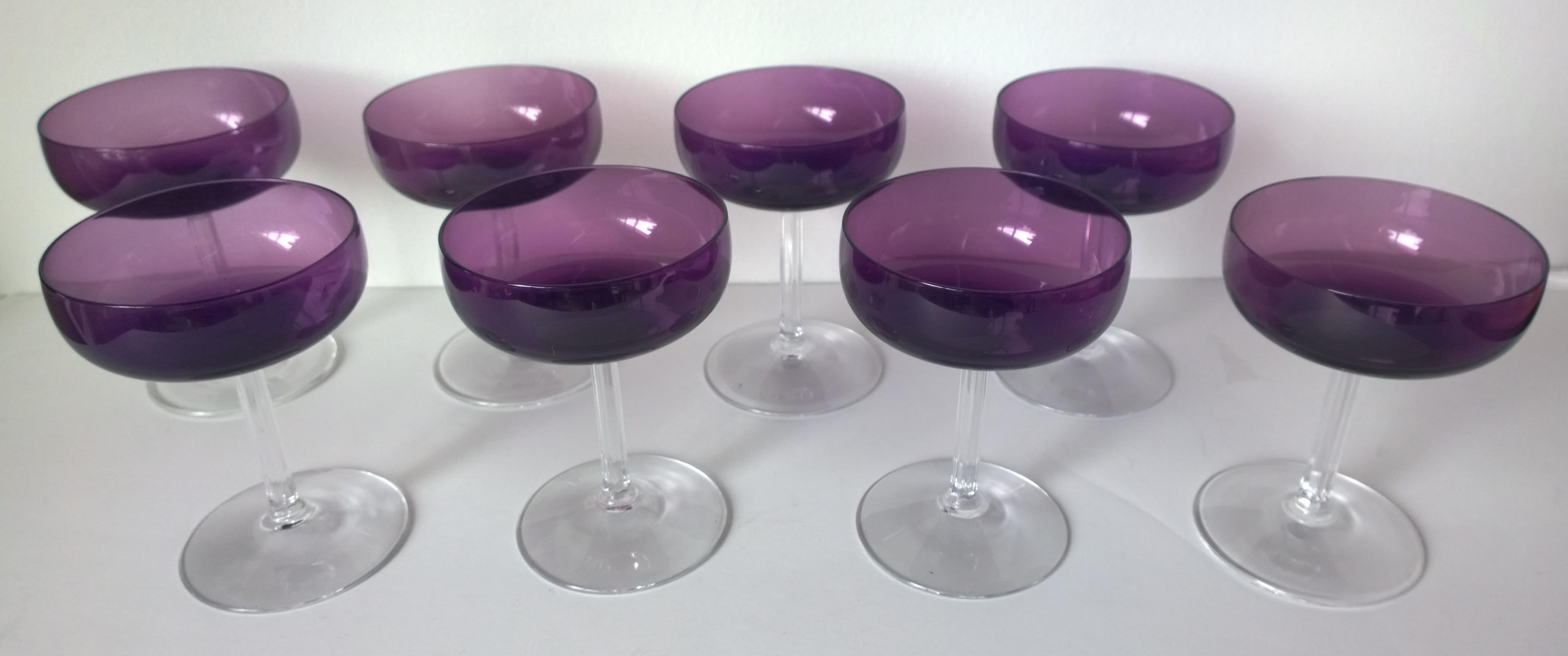 S/8 Translucent Purple & Clear Fluted Stem Fostoria Crystal Champagne Coupes In Good Condition For Sale In Houston, TX