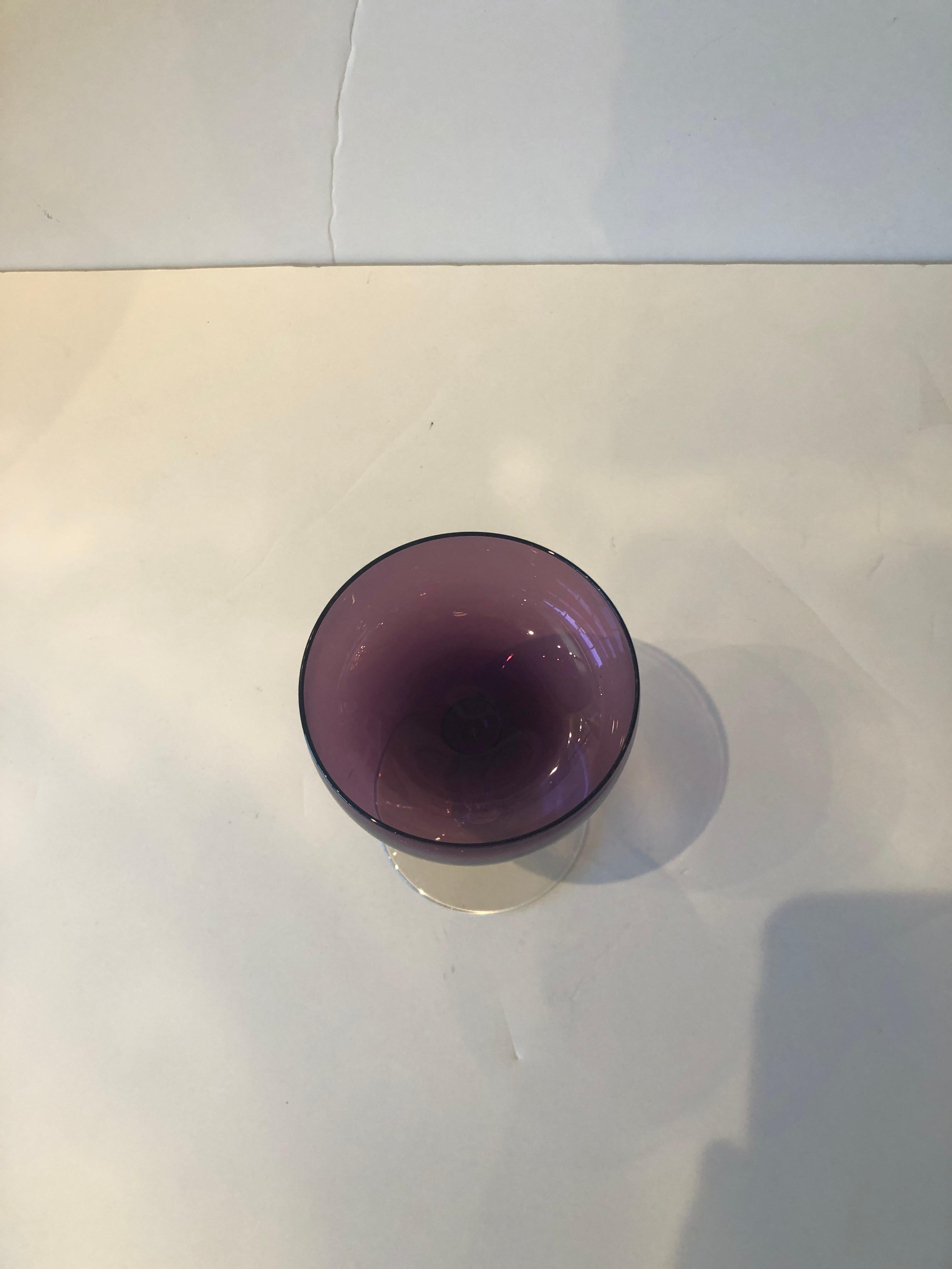 S/8 Translucent Purple & Clear Fluted Stem Fostoria Crystal Champagne Coupes For Sale 1