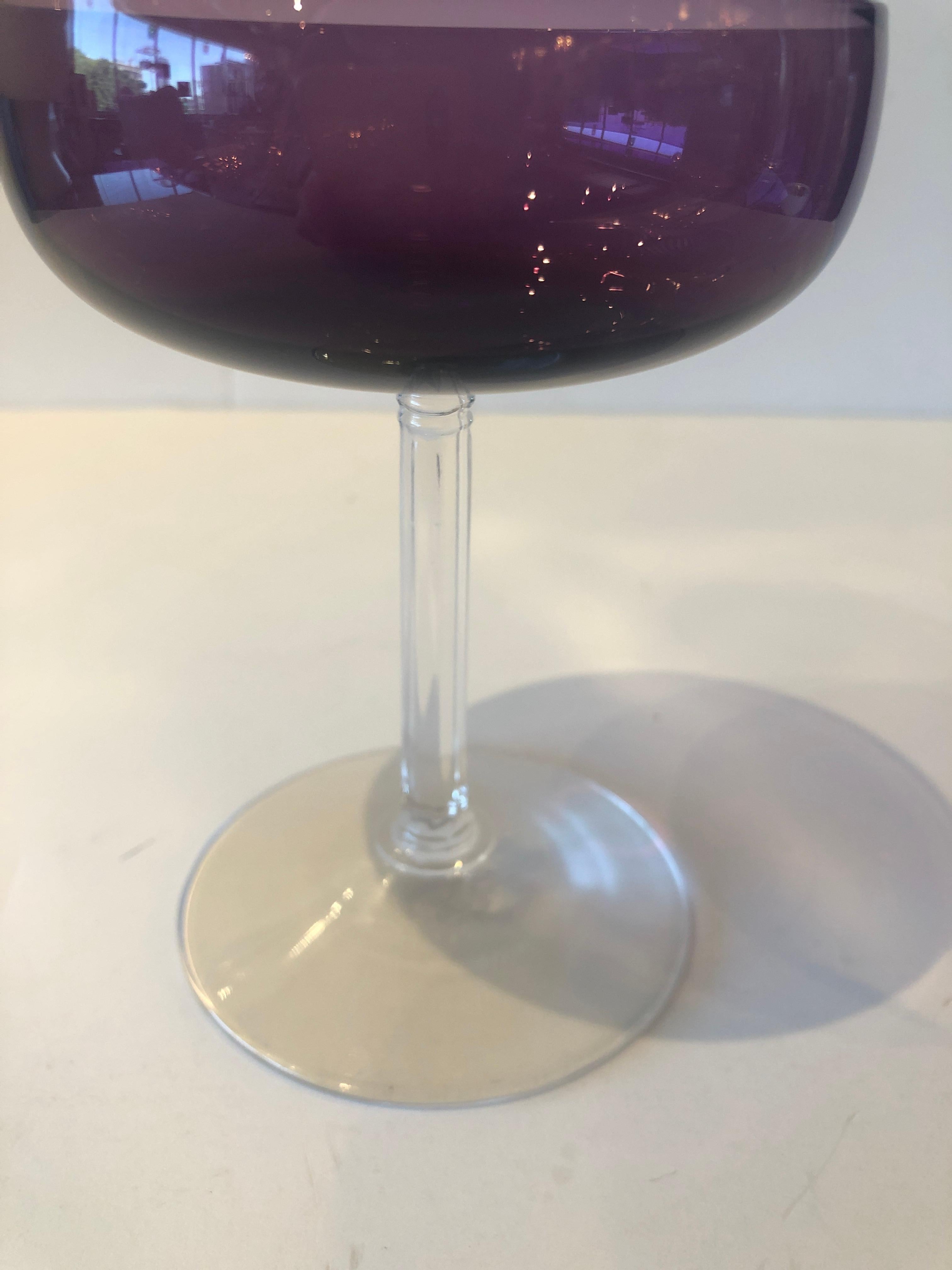 S/8 Translucent Purple & Clear Fluted Stem Fostoria Crystal Champagne Coupes For Sale 2