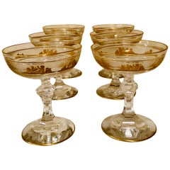 Set of 8 Val Saint Lambert Champagne Coupes Decorated with Cameo Cut of Cherubs