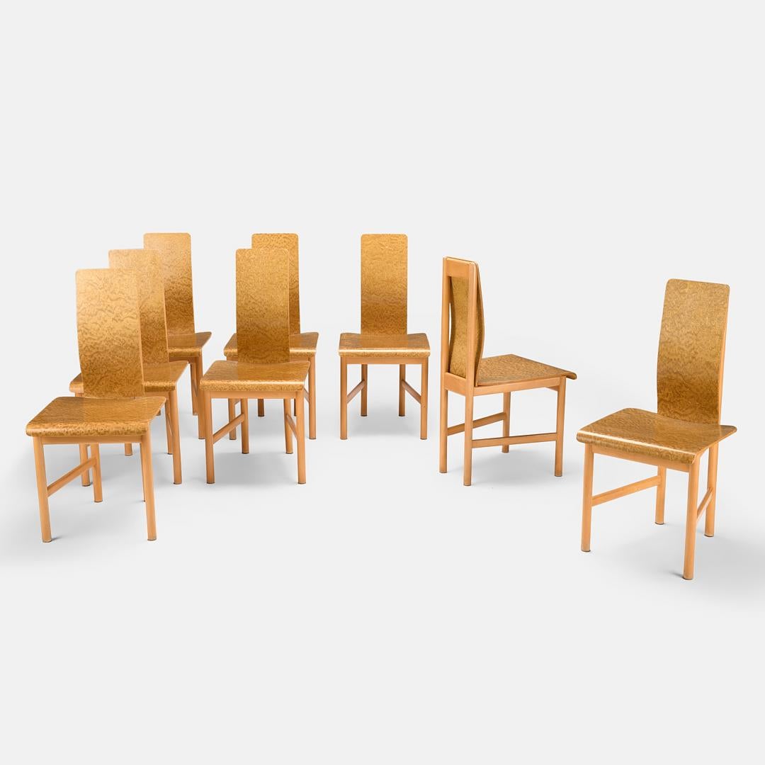 Enzo Mari rare set of eight “Vela” burlwood dining chairs for Driade, Italy circa 1977

Long out of production and quite rare especially in this quantity.

Additional Information:
Materials: Moled plywood in burl veneer, beech wood
Dimensions:
