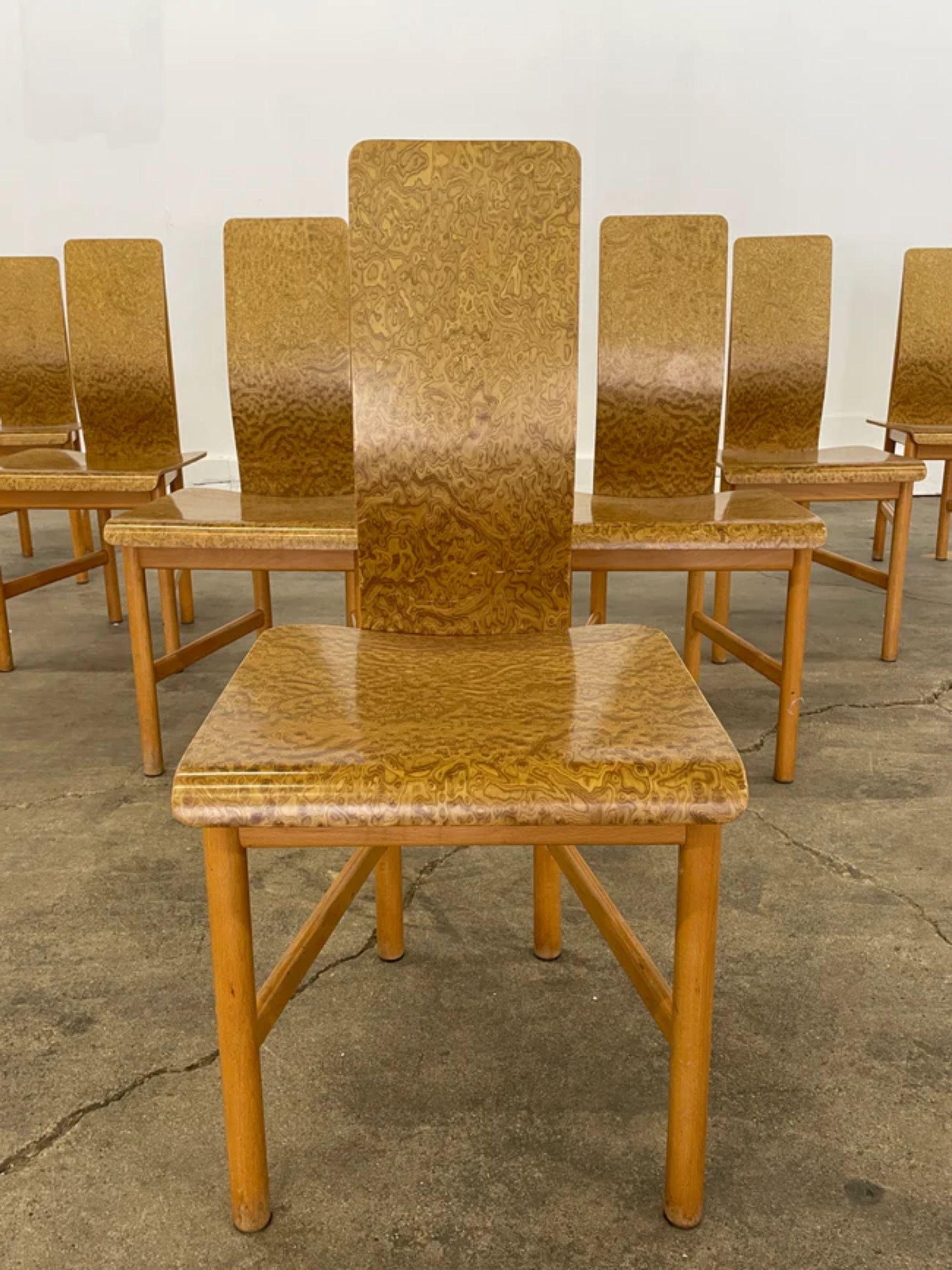 Mid-Century Modern Set of 8 “Vela” Dining Chairs in Burlwood by Enzo Mari, Driade, Italy, 1977
