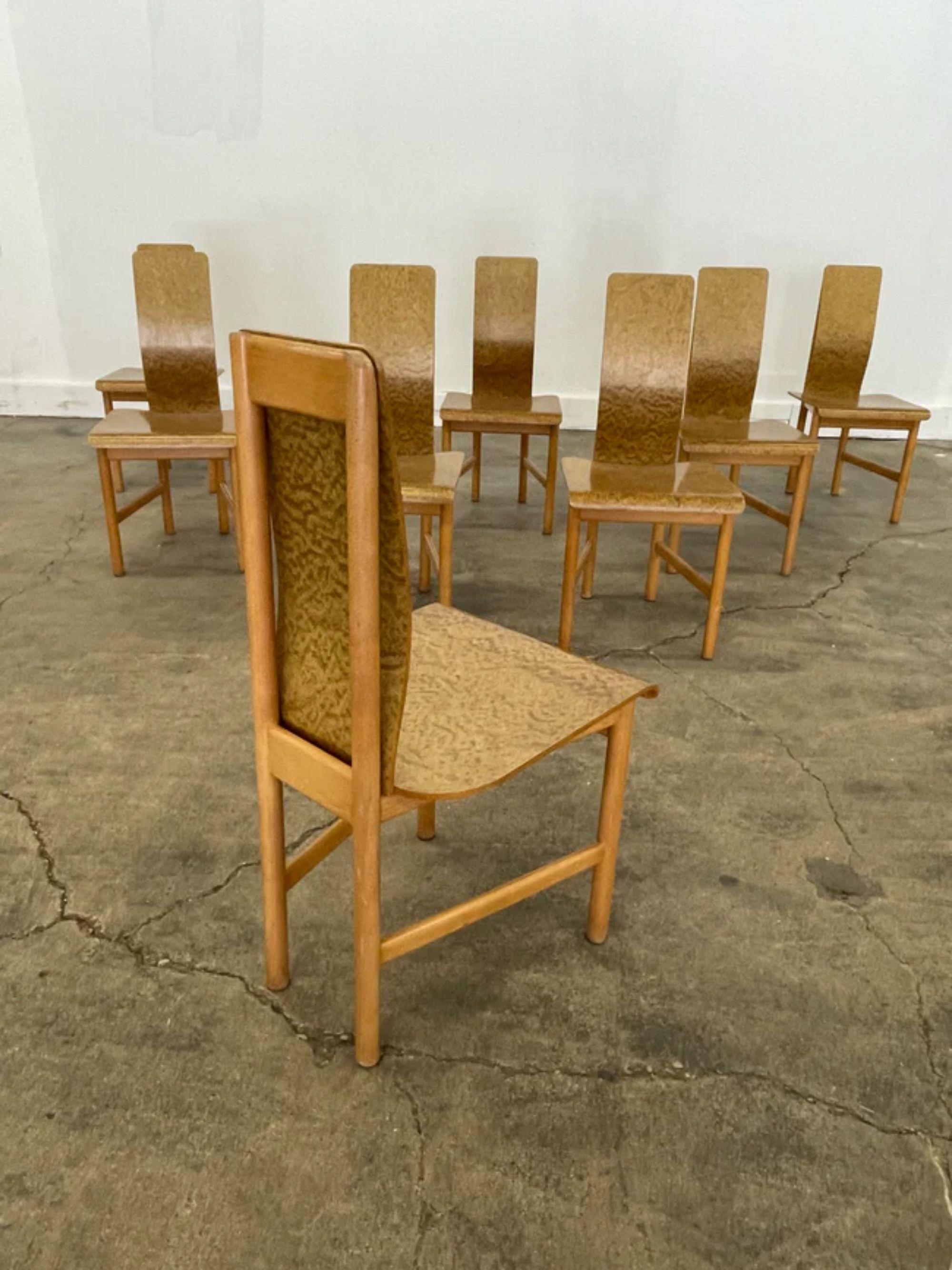Italian Set of 8 “Vela” Dining Chairs in Burlwood by Enzo Mari, Driade, Italy, 1977 For Sale