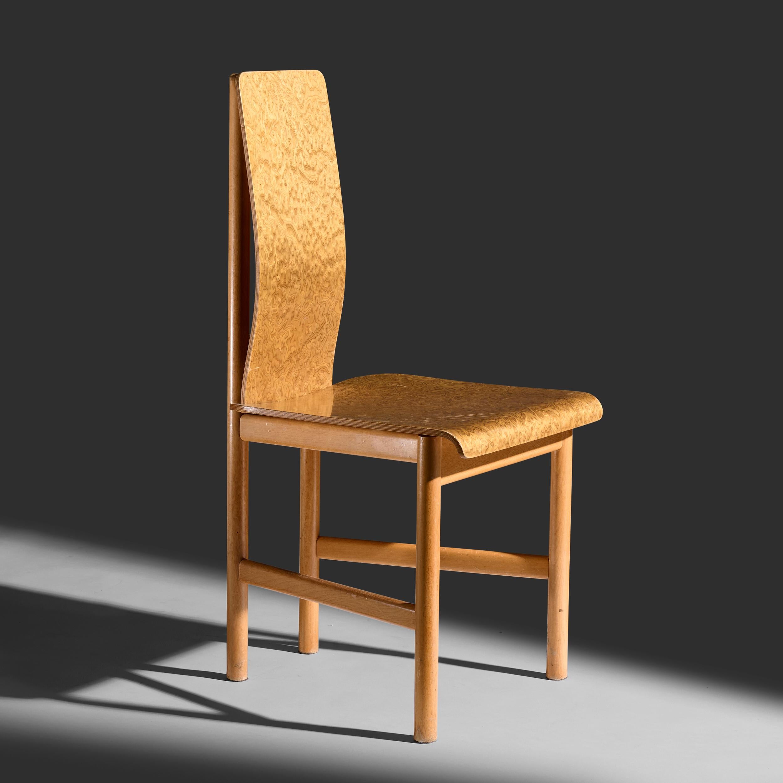 Molded Set of 8 “Vela” Dining Chairs in Burlwood by Enzo Mari, Driade, Italy, 1977