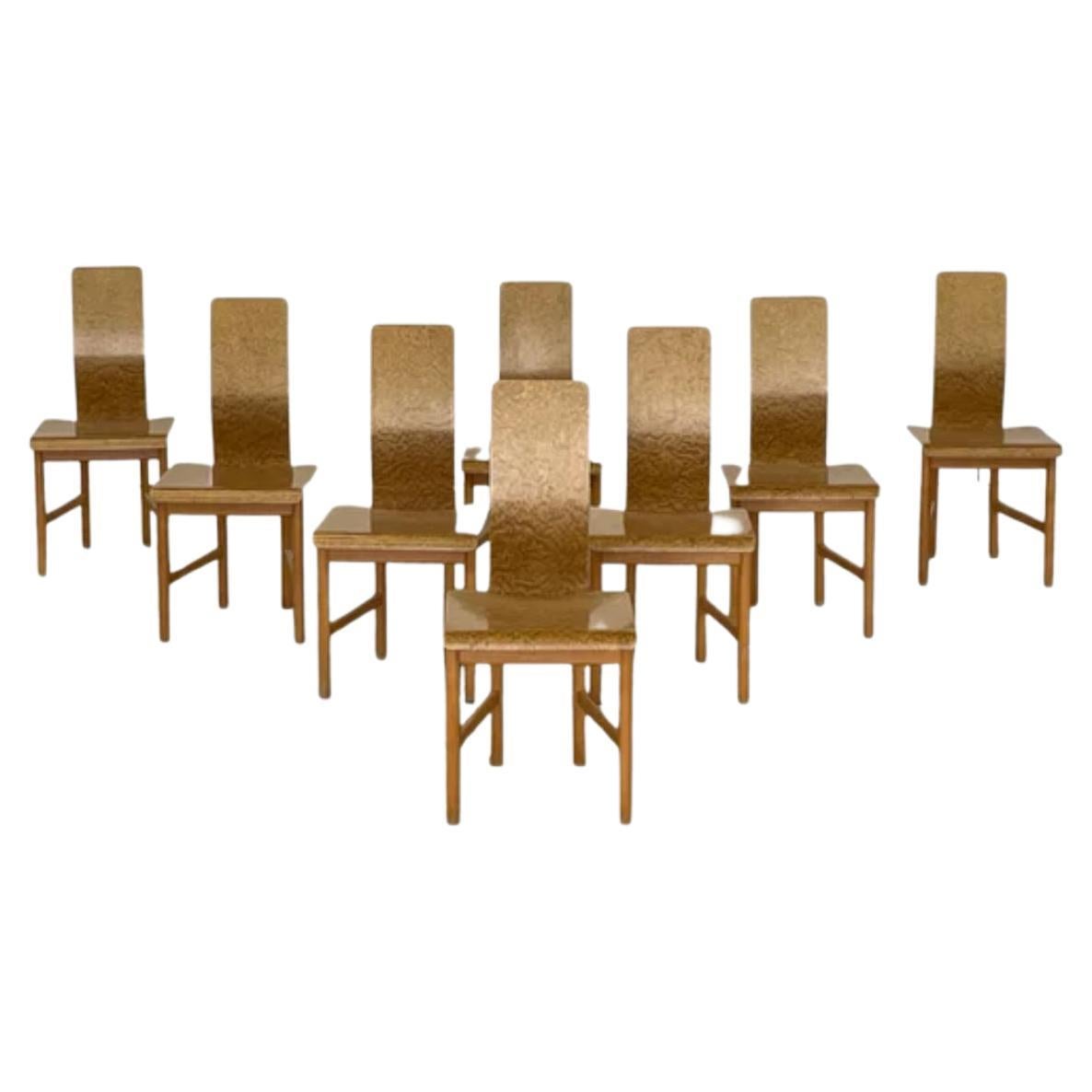 Set of 8 “Vela” Dining Chairs in Burlwood by Enzo Mari, Driade, Italy, 1977