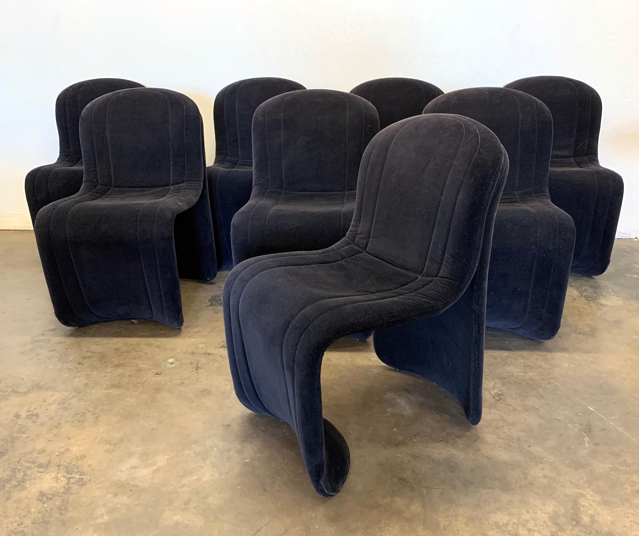 This set of 8 Postmodern chairs are absolutely gorgeous! Upholstered in a luxurious black velvet, these curvy modern dining chairs are bound to bring a dash of style and elegance to any type of modern environment.

 