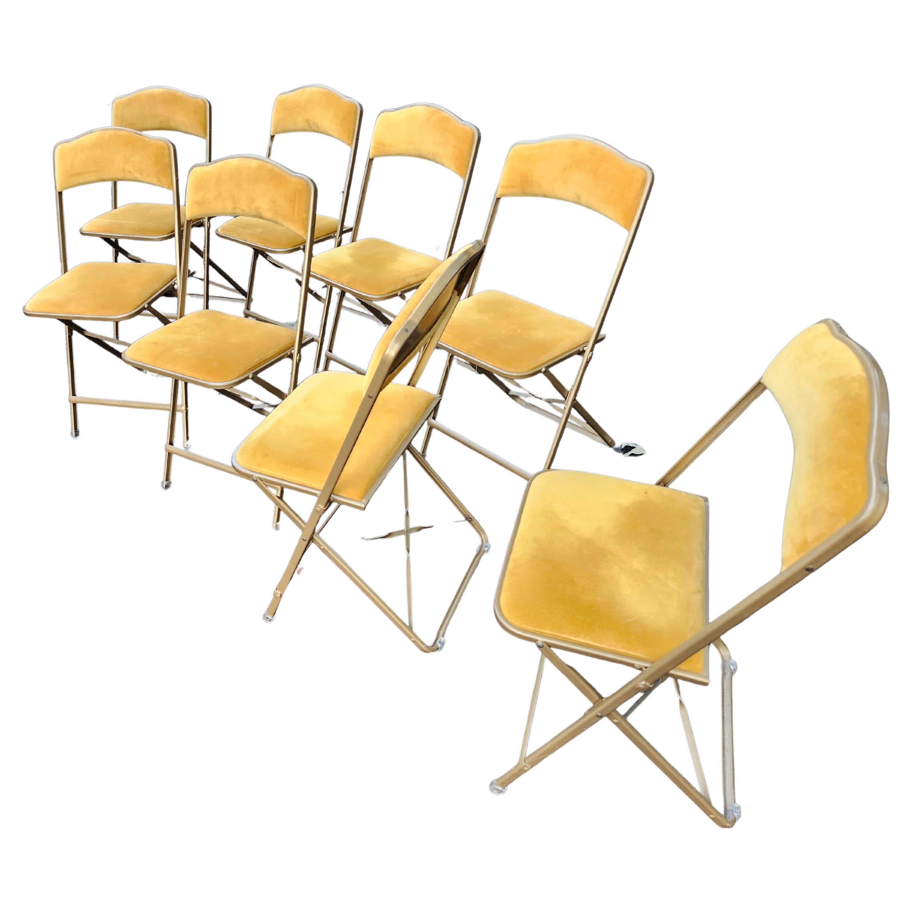 Mid-Century Modern Set of 8 Velvet with a Gold Tone Folding Chairs by the A. Fritz & Co.