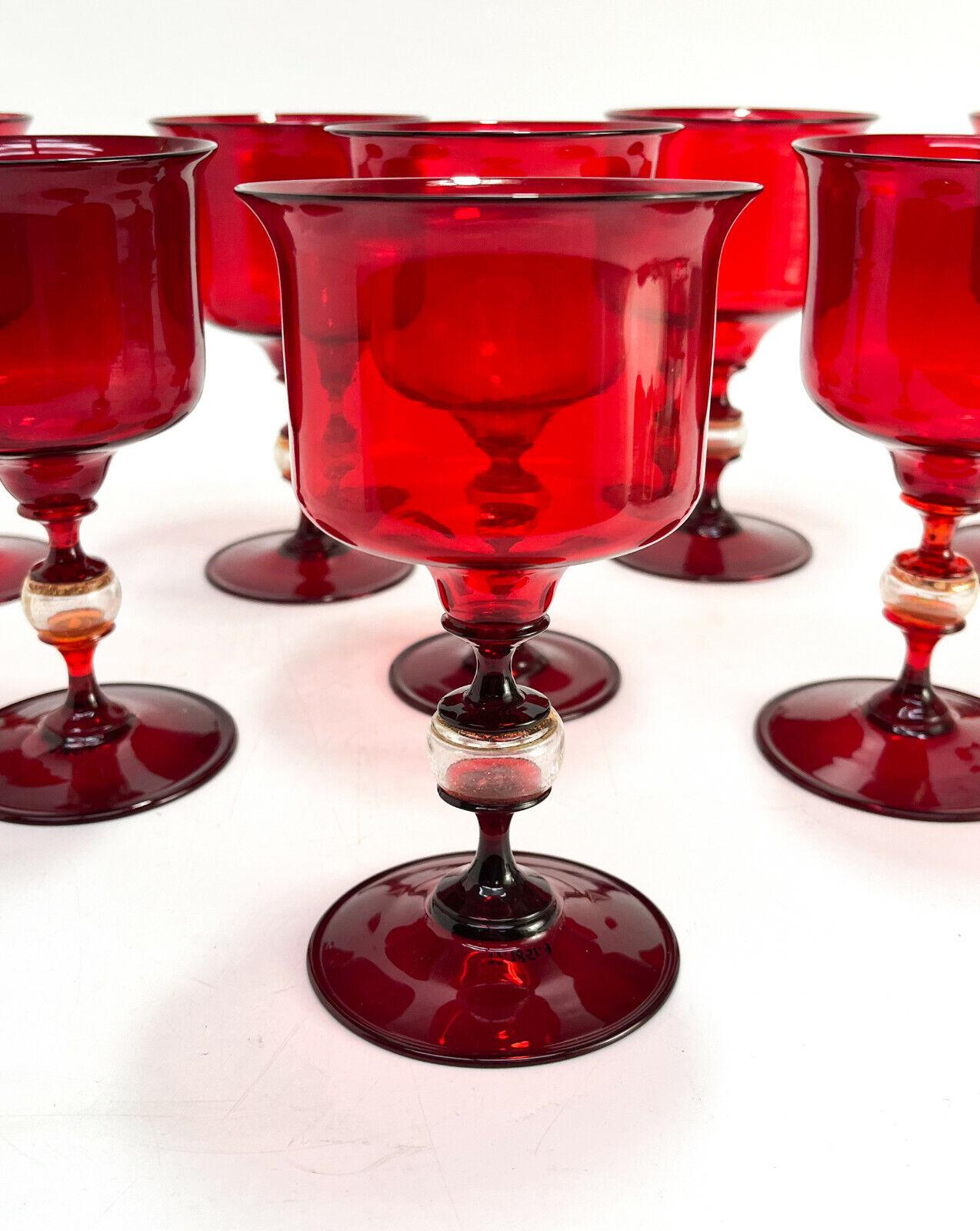 Set of 8 Venetian Cranberry Red & Gold Fleck Art Glass Wine Goblets, Salviati In Good Condition For Sale In Gardena, CA
