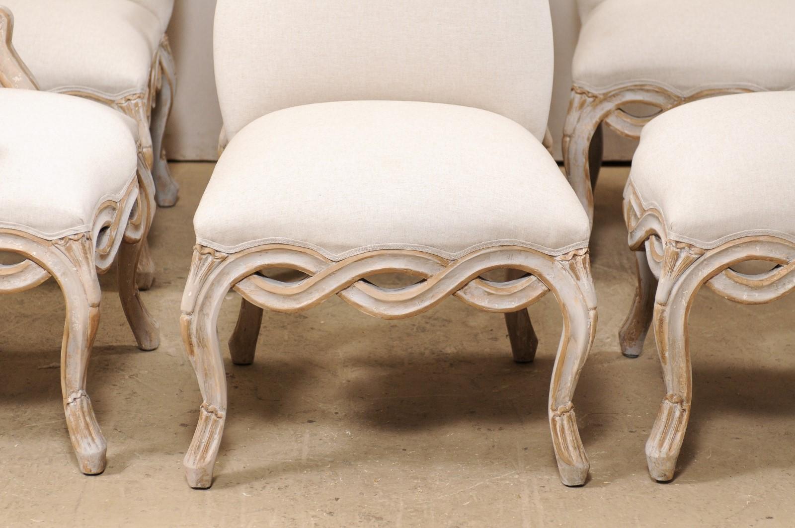 American Set of 8 Venetian-Style Upholstered Dining Chairs w/ Pierce-Carved Ribbon Skirts