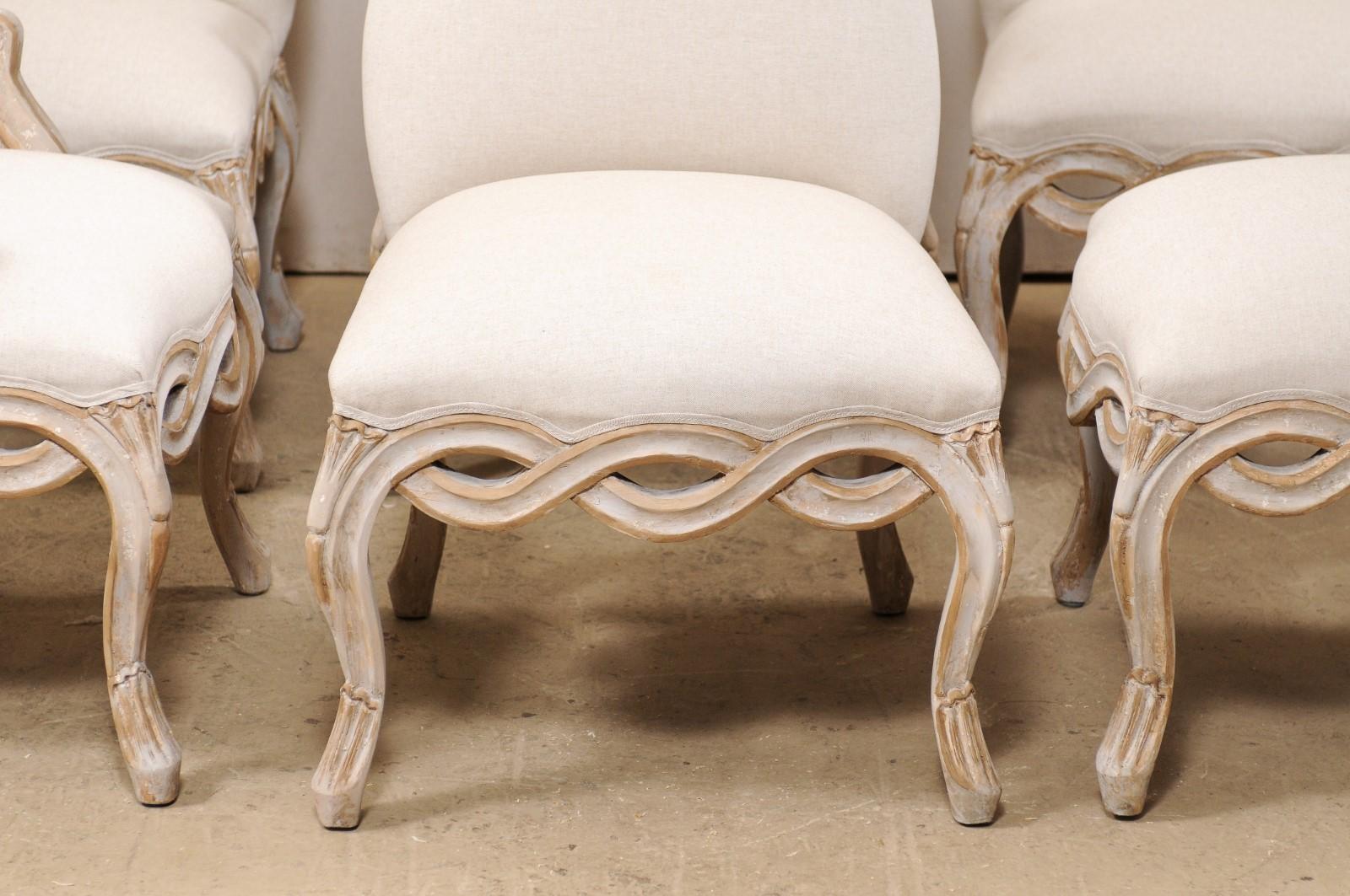 American Set of 8 Venetian-Style Upholstered Dining Chairs w/ Pierce-Carved Ribbon Skirts