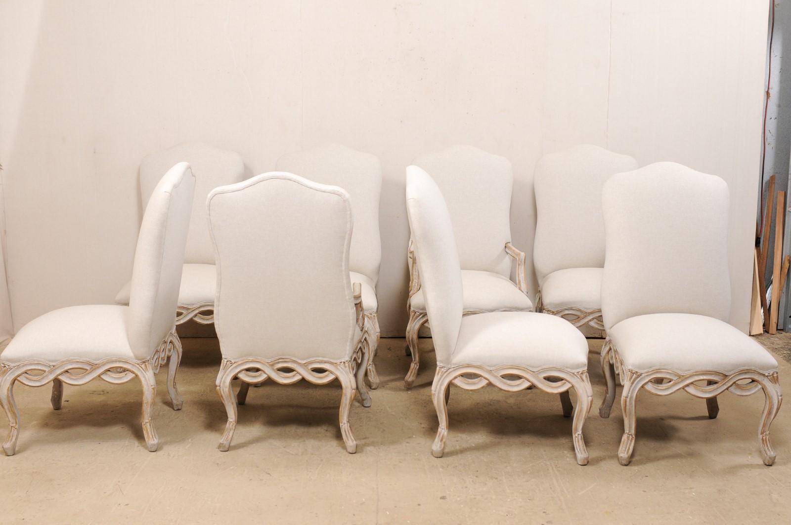Upholstery Set of 8 Venetian-Style Upholstered Dining Chairs w/ Pierce-Carved Ribbon Skirts