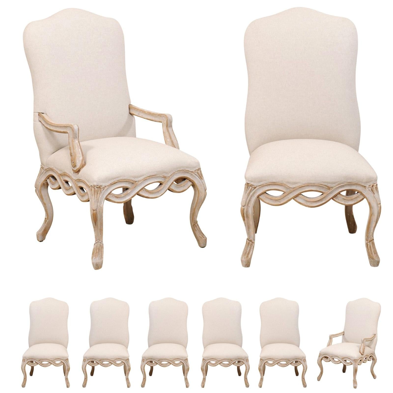 Set of 8 Venetian-Style Upholstered Dining Chairs w/ Pierce-Carved Ribbon Skirts