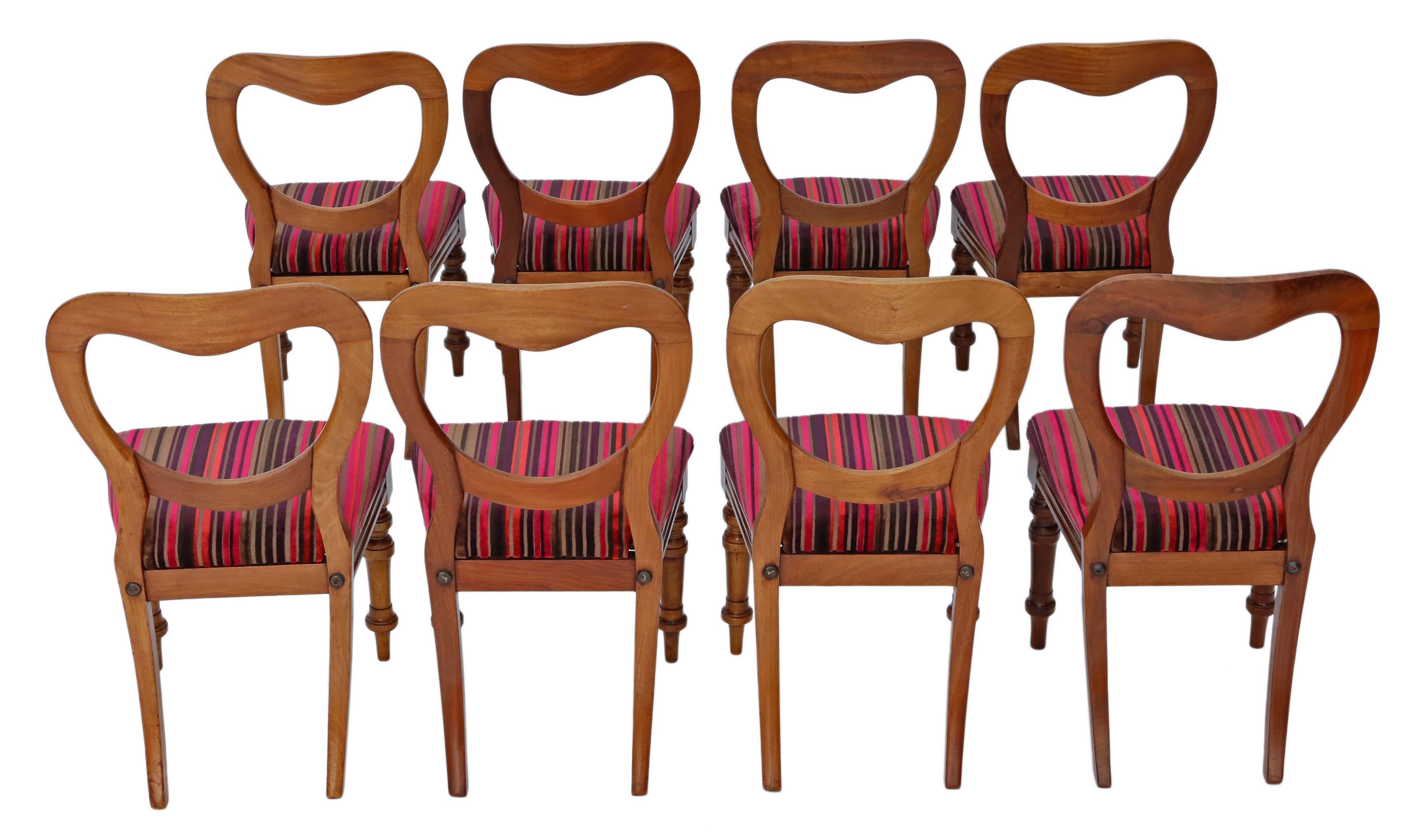 Set of 8 Victorian light mahogany balloon back dining chairs, circa 1890
Solid, heavy and strong with no loose joints. Full of age, character and charm. Very decorative chairs. No woodworm.
Recent heavy weight velour upholstery. Not new, but no