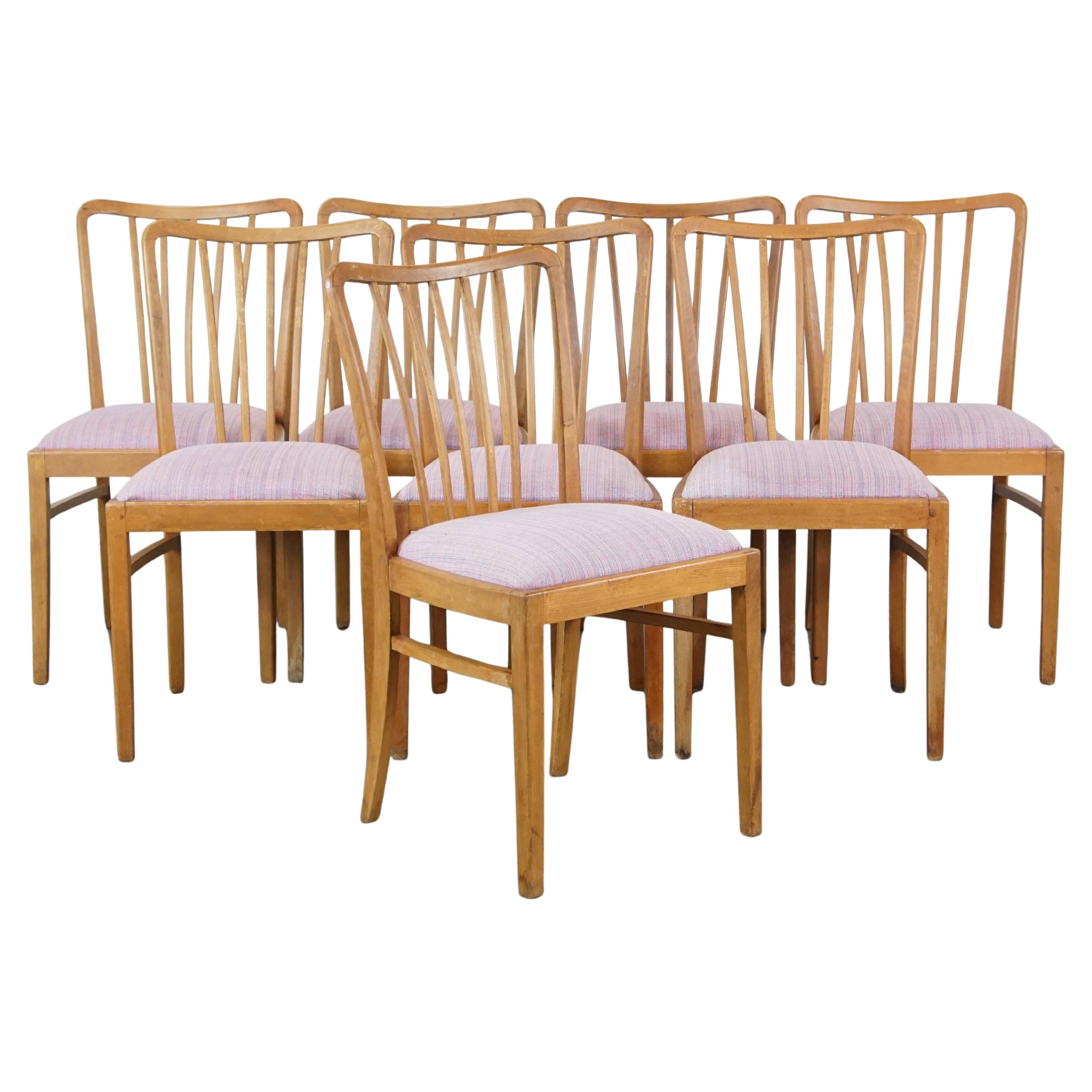 Set di 8 sedie da pranzo vintage di design danese degli anni '70 con sedute in tessuto viola