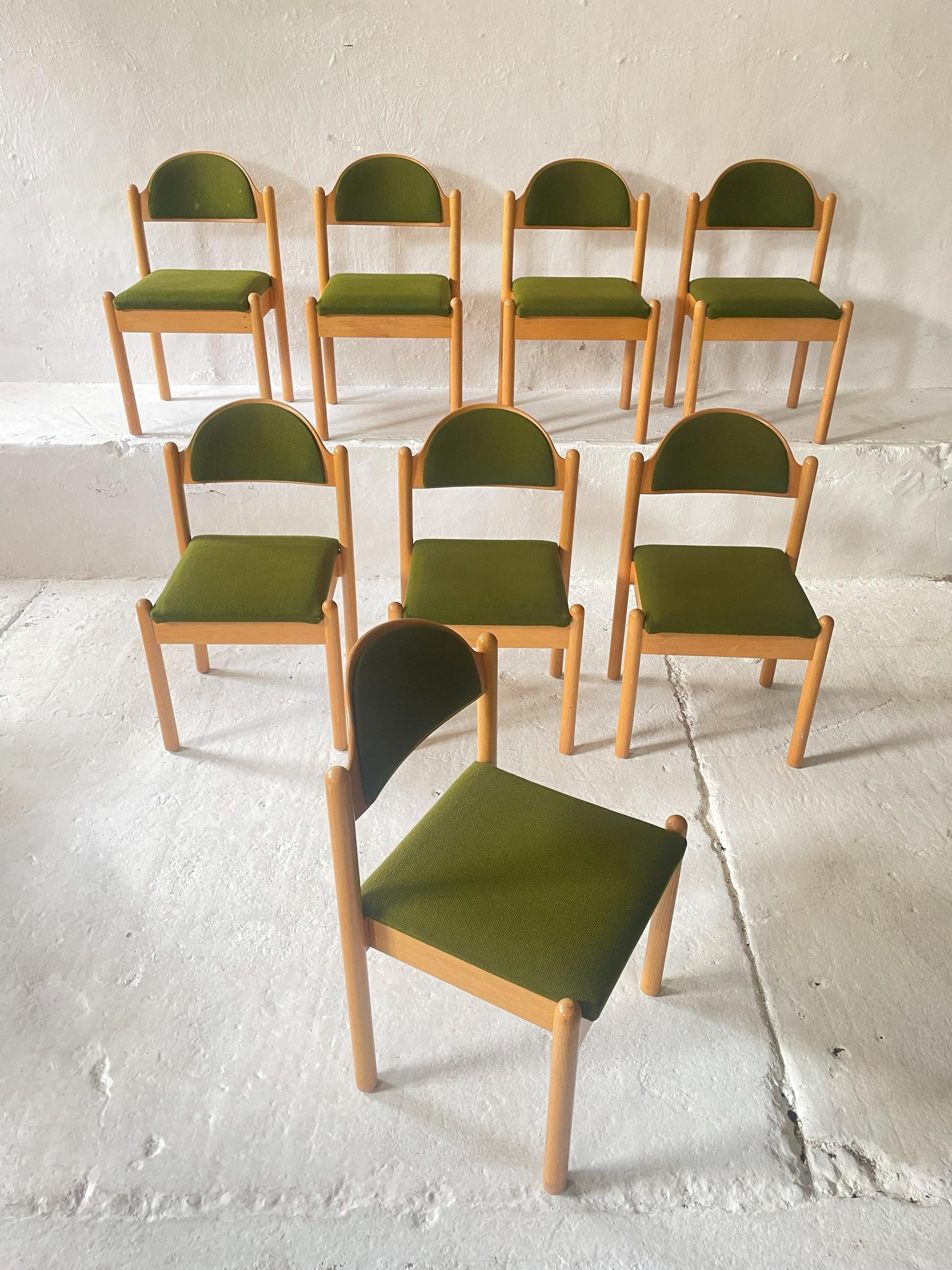 Mid-Century Modern Set of 8 Vintage 1970s German Beech Wood Dining Chairs For Sale
