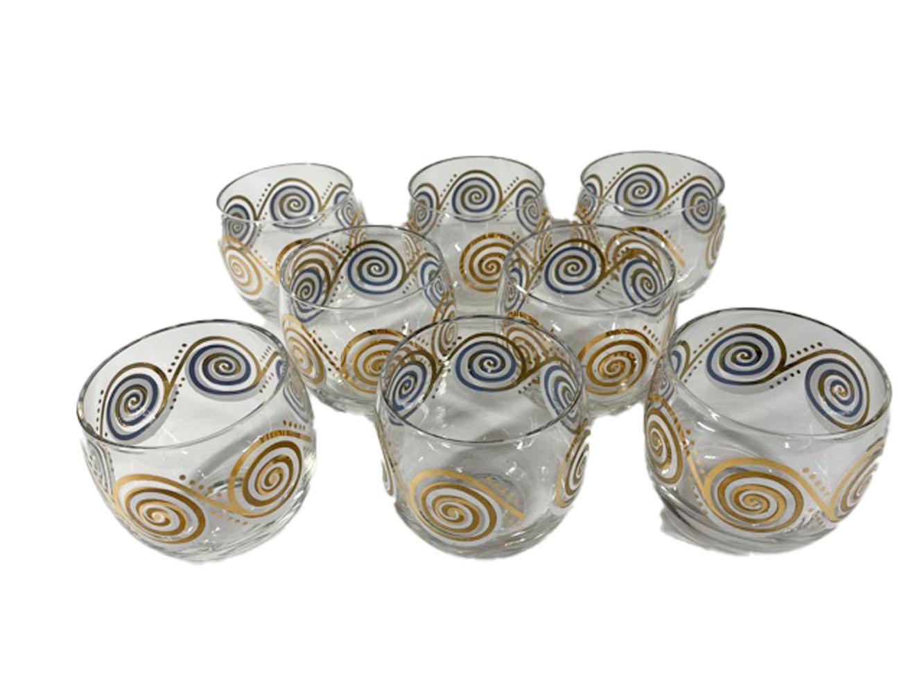 Metal Set of 8 Vintage Atomic Design Roly Poly Cocktail Glasses with Gold-Tone Caddy