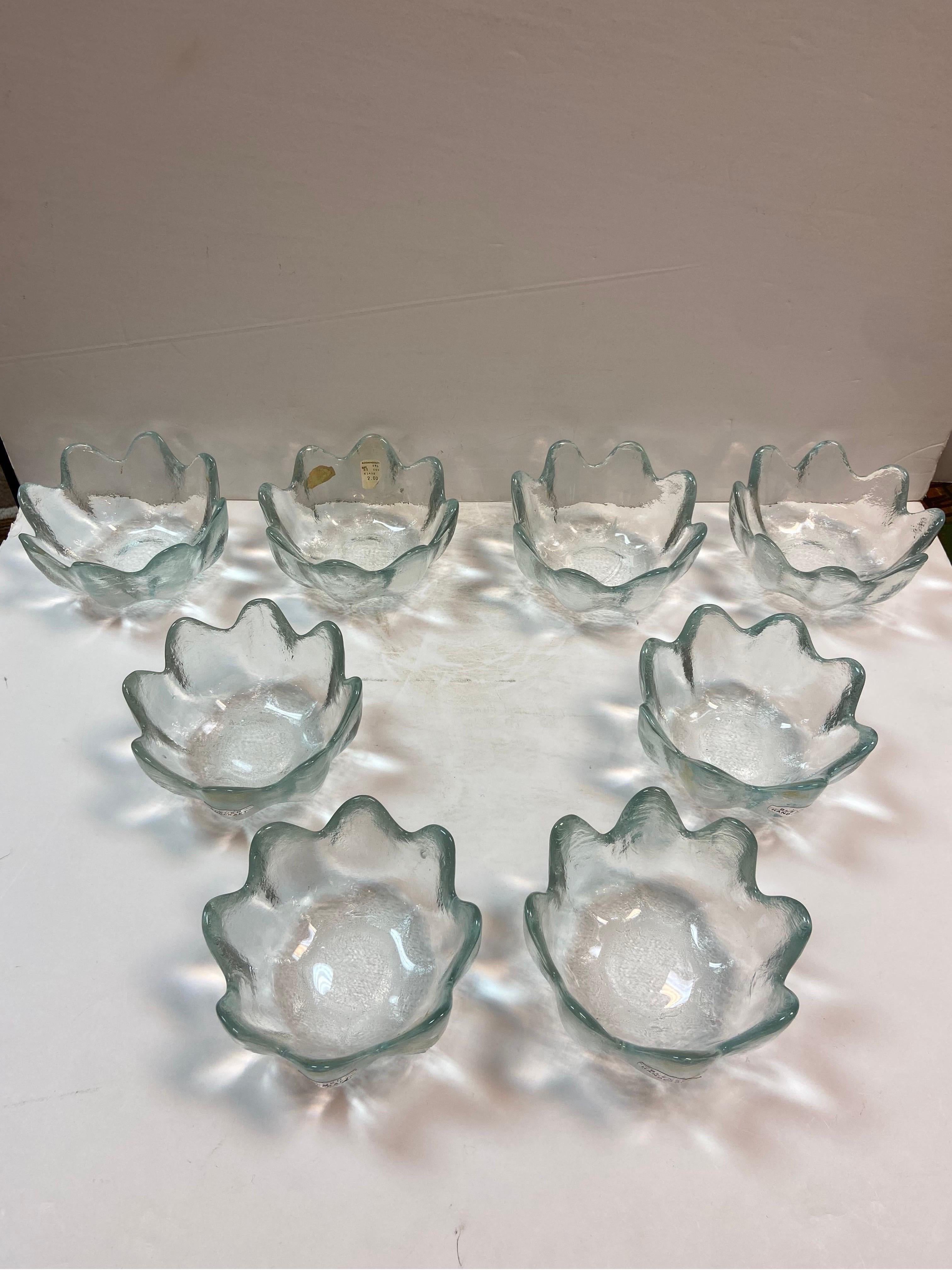 Glass Set of 8 Vintage Blenko Clear Petal Lotus Bowls Original Labels by Wayne Husted