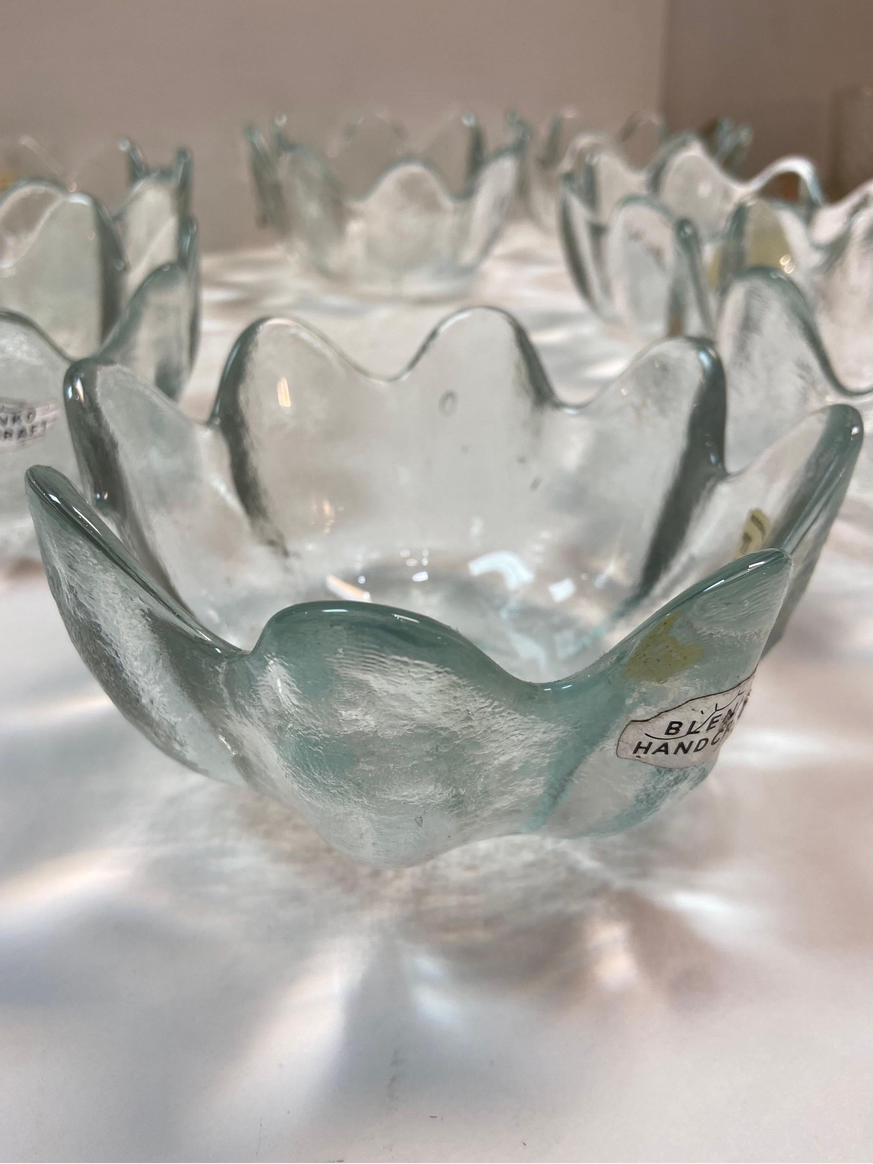 Set of 8 Vintage Blenko Clear Petal Lotus Bowls Original Labels by Wayne Husted 2
