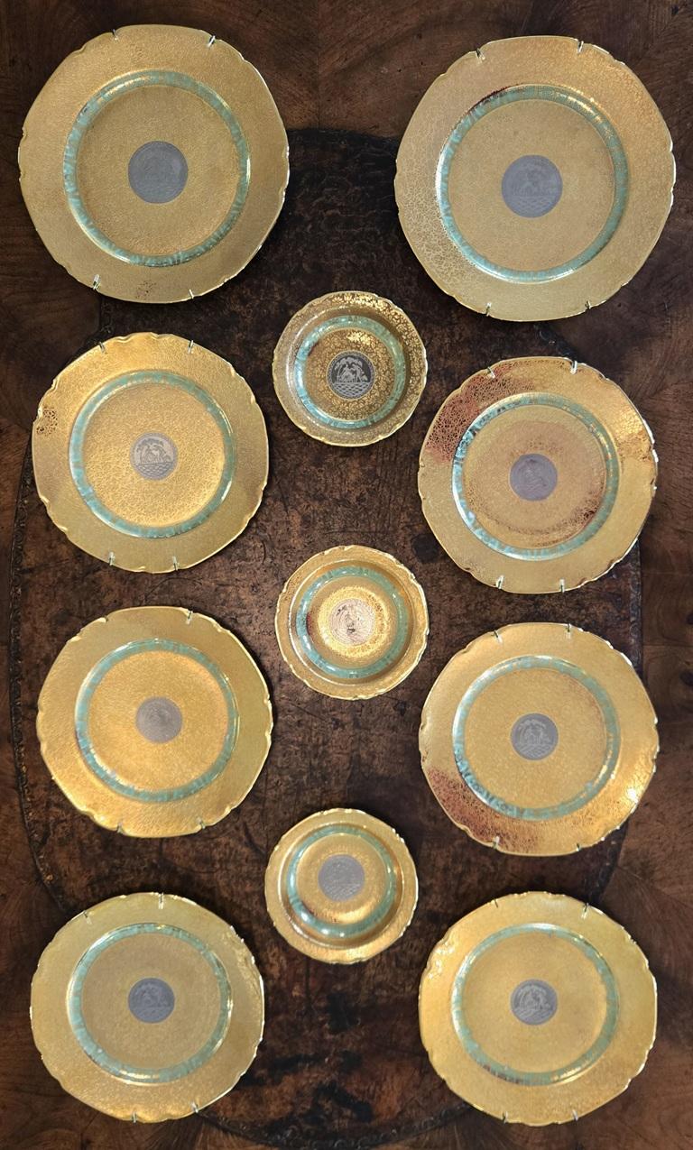 Set of 8 Vintage Bohemian 24kt Gold & Platinum Incrusted Wall Plaques & 3 Bowls For Sale 3