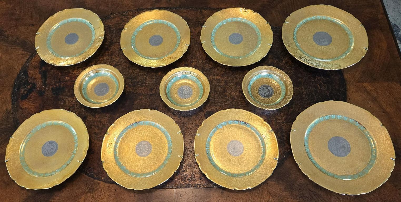 PRESENTING a VERY ATTRACTIVE and visually impressive Set of 8 Vintage Bohemian 24kt Gold & Platinum Incrusted Wall Plaques & 3 Bon Bon Dishes/Bowls.

Made by Victoria in Czechoslovakia (Bohemia) in the mid 20C, circa 1940-60.

Each piece is covered