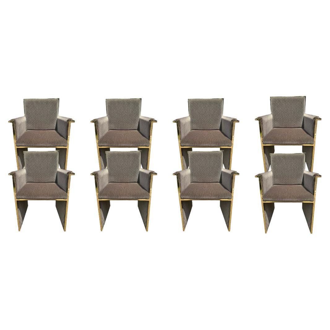 Set of 8 Vintage Brass and Mohair Upholstered Dining Chairs For Sale